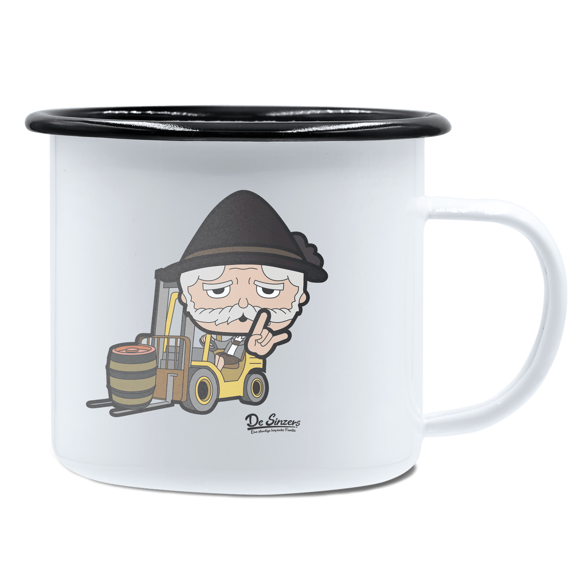 Da Oid Sinzer Staplerfahrer Emaille Tasse 450ml Weiss Schwarz Spitzstein Front