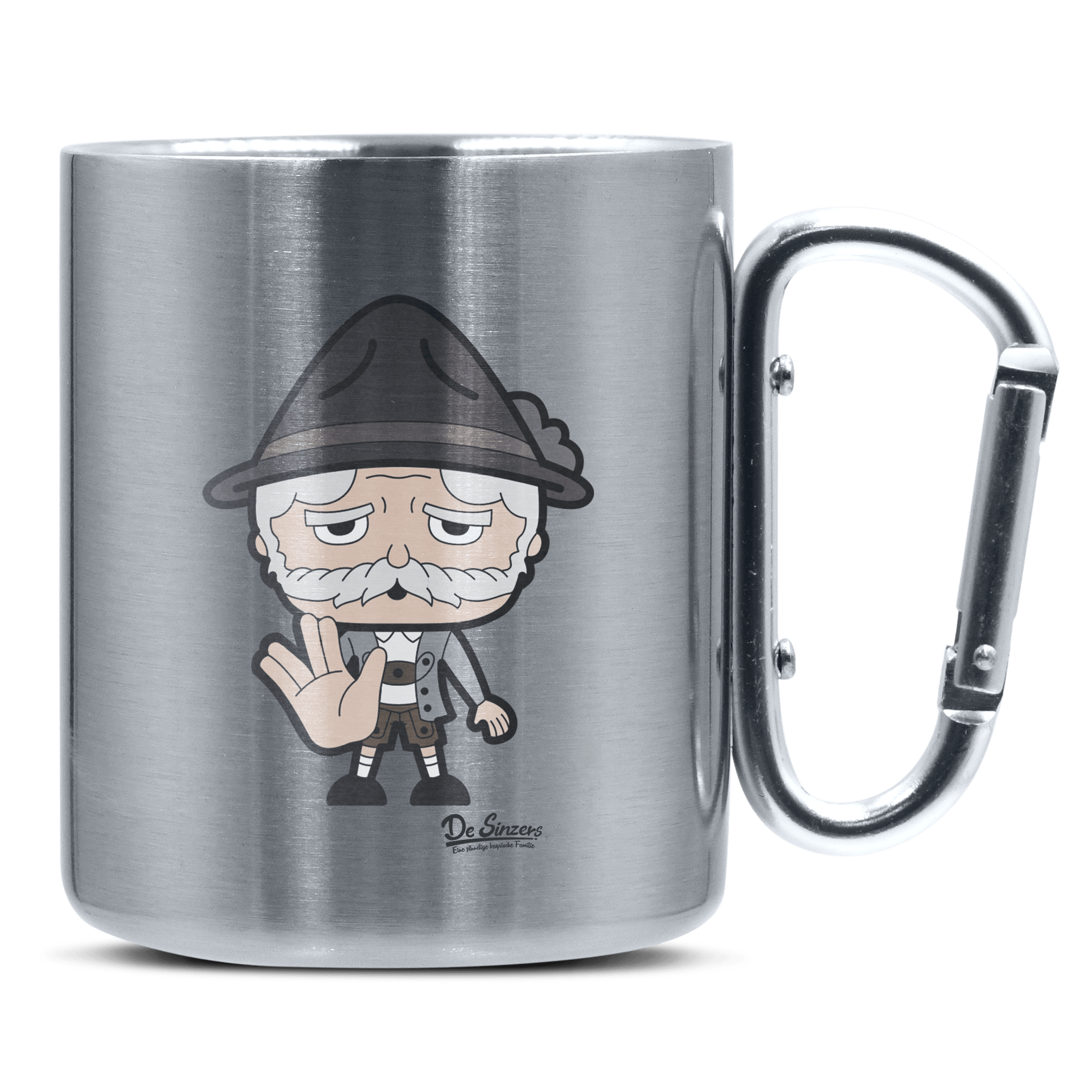 Da Oid Sinzer Star Trek Fingers Edelstahl Kaffeetasse silberer Karabiner 320ml Grosser Traithen Front