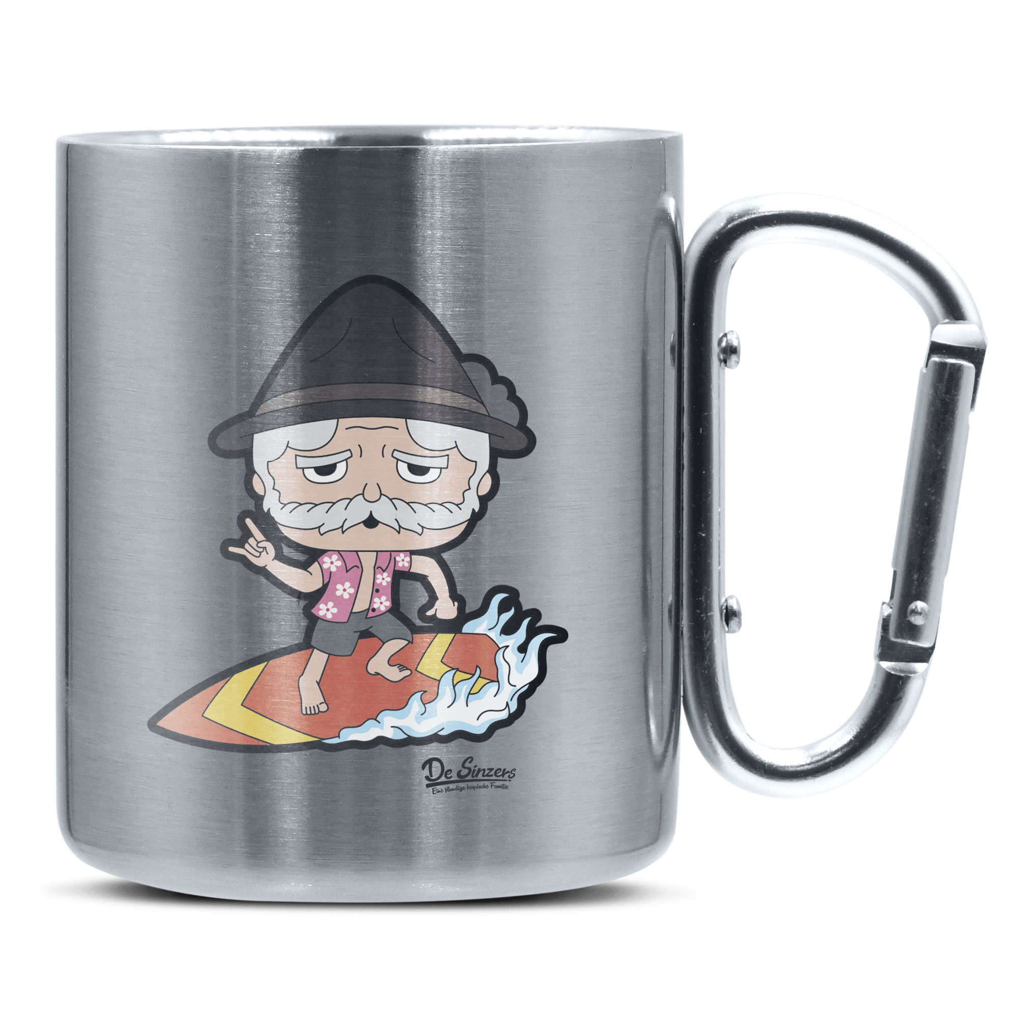 Da Oid Sinzer Summer Edition Edelstahl Kaffeetasse silberer Karabiner 320ml Grosser Traithen Front