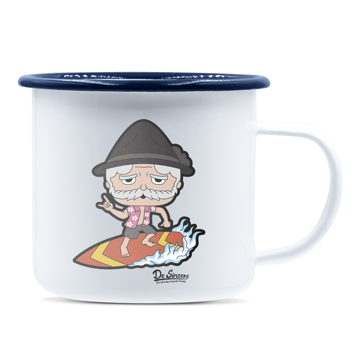 Da Oid Sinzer Summer Edition Emaille Tasse 375ml Weiss Blau Heuberg Front