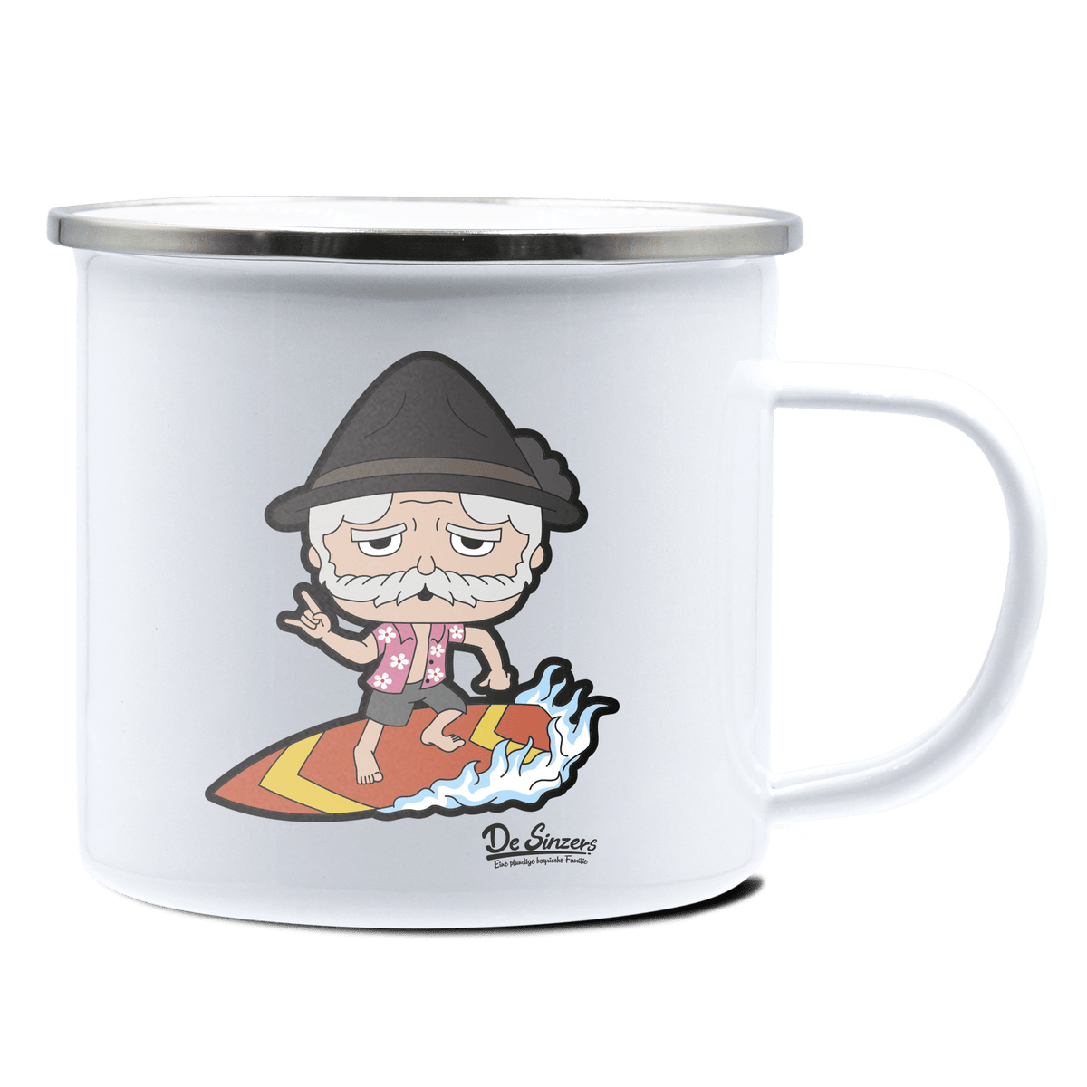 Da Oid Sinzer Summer Edition Emaille Tasse 375ml Weiss Silber Kampenwand Front