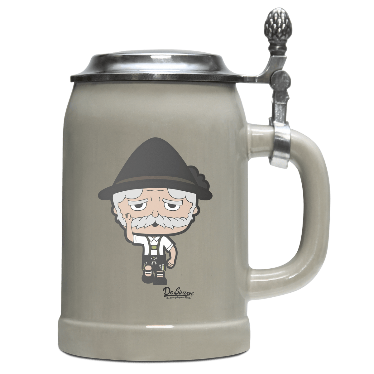 Da Oid Sinzer Trachtenverein Bierkrug 500ml Grau mit Deckel Hocheck Front