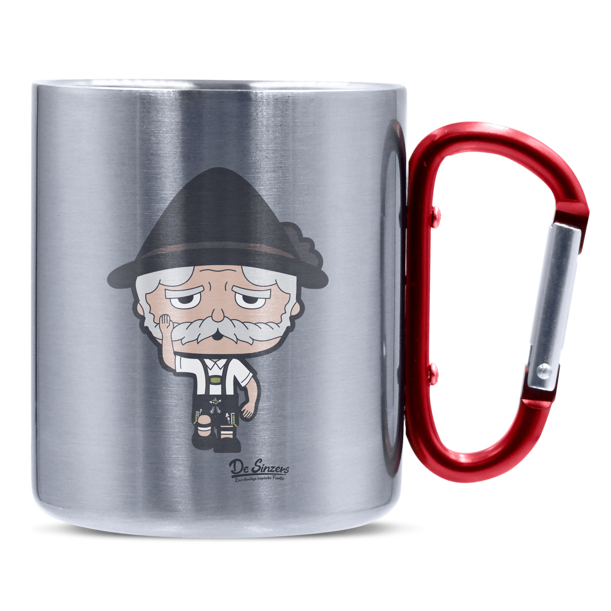Da Oid Sinzer Trachtenverein Edelstahl Kaffeetasse roter Karabiner 320ml Kitzstein Front