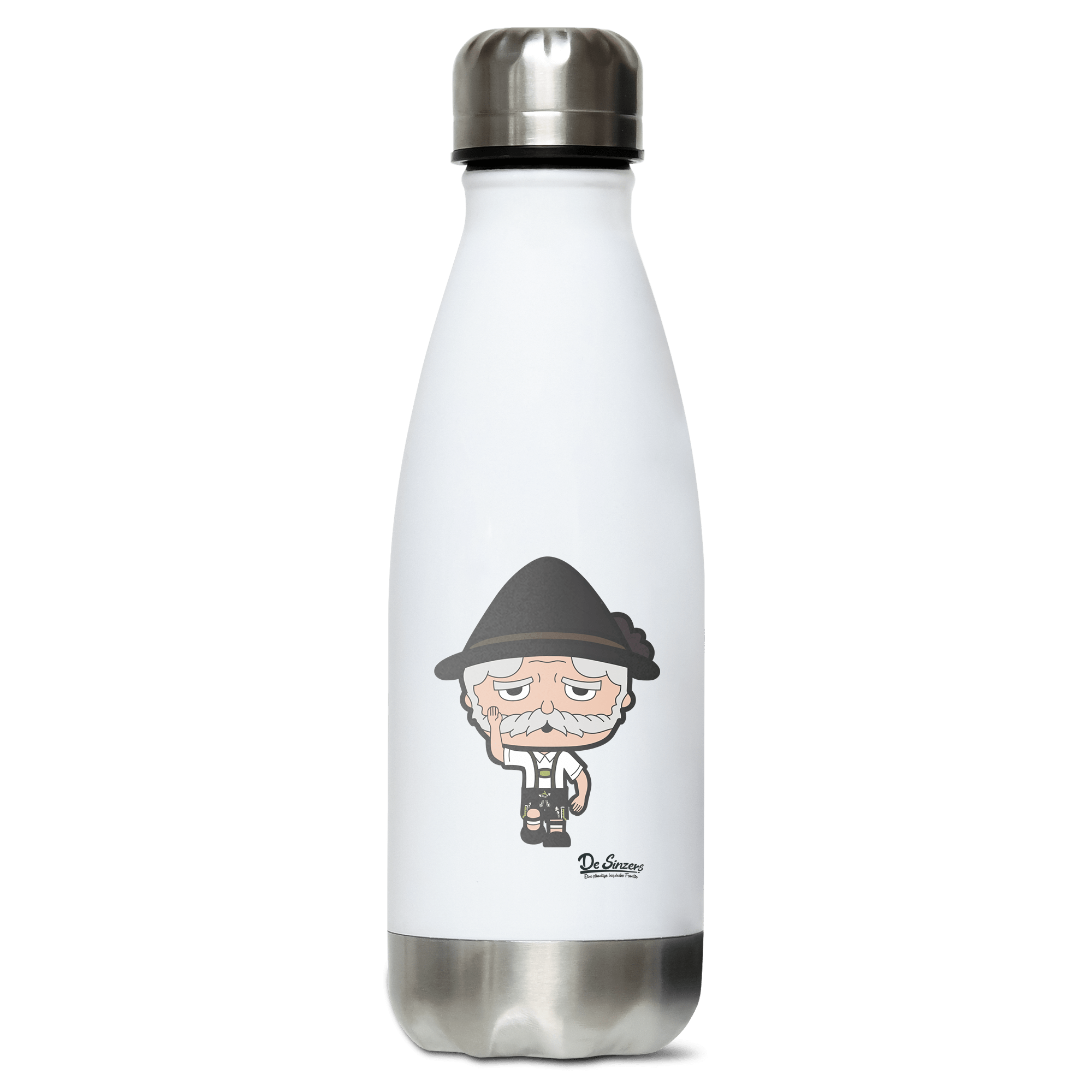 Da Oid Sinzer Trachtenverein Edelstahl Thermoflasche 350ml Weiss Silber Kreuzspitze Front