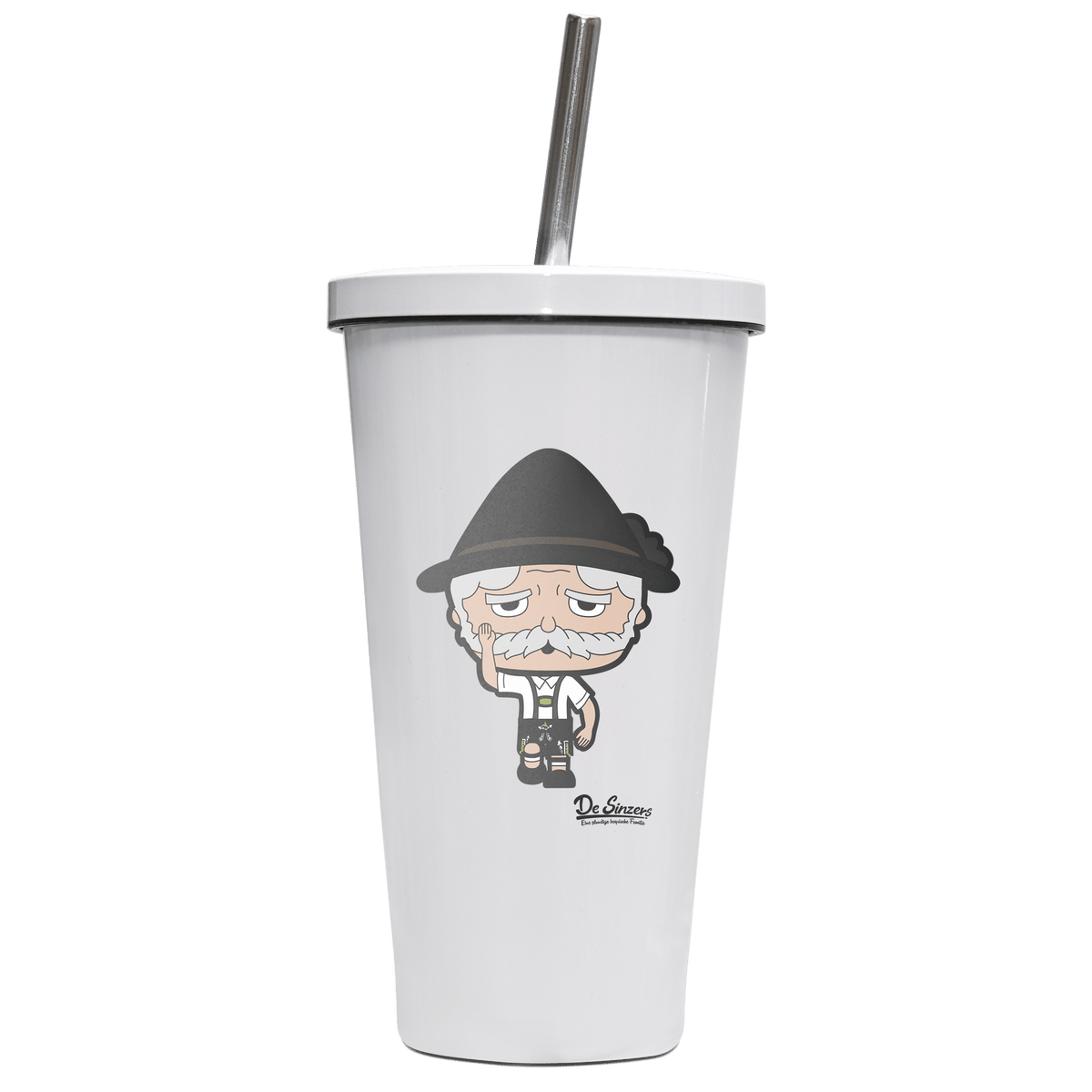 Da Oid Sinzer Trachtenverein Edelstahl Trinkbecher mit Strohhalm 480ml Weiss Krottenkopf Front