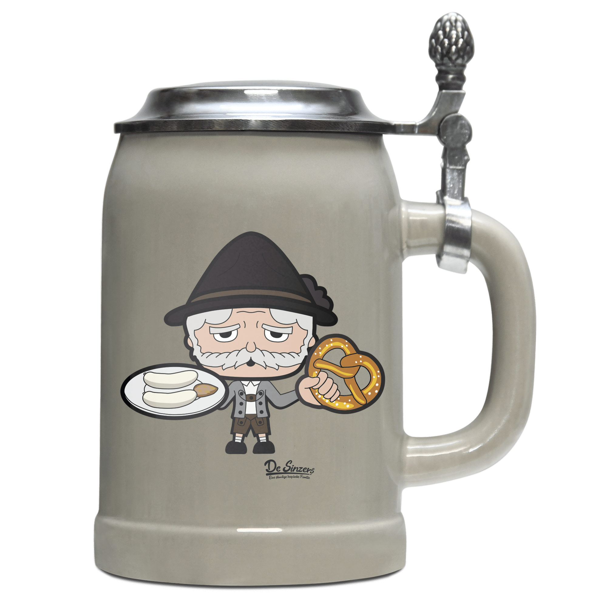 Da Oid Sinzer Weisswurscht und Brezn Bierkrug 500ml Grau mit Deckel Hocheck Front