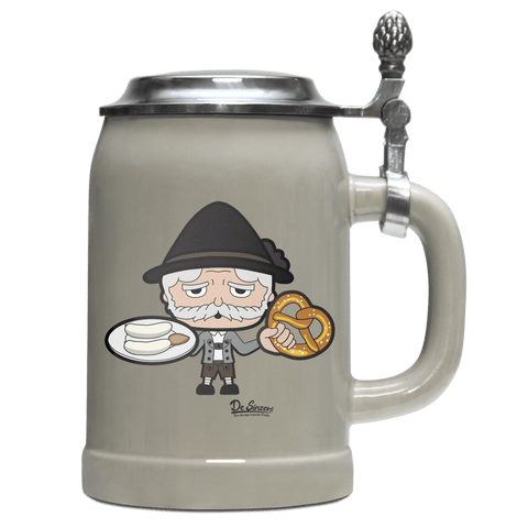 Da Oid Sinzer Weisswurscht und Brezn Bierkrug 500ml Grau mit Deckel Hocheck Front