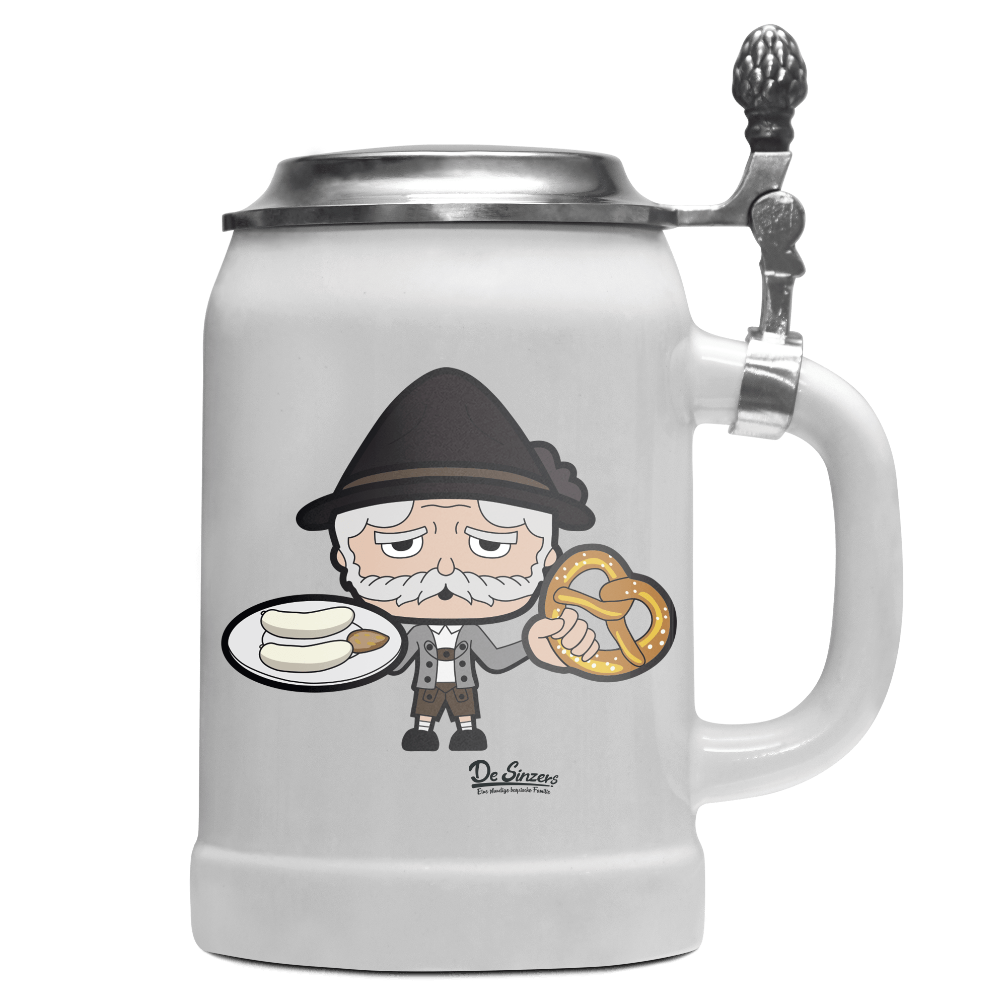Da Oid Sinzer Weißwurscht und Brezn Bierkrug 500ml Weiss mit Deckel Wetterspitzen Front