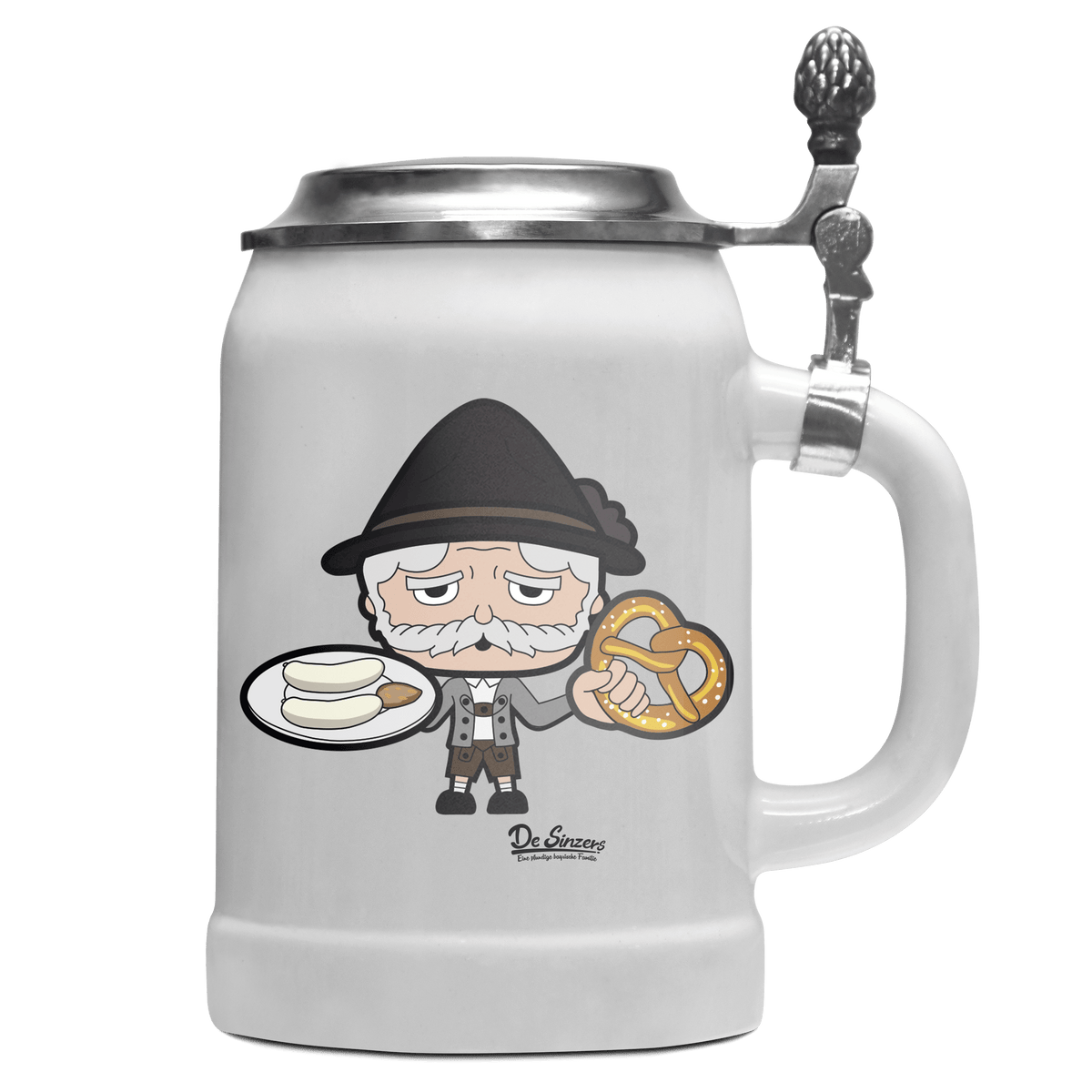 Da Oid Sinzer Weißwurscht und Brezn Bierkrug 500ml Weiss mit Deckel Wetterspitzen Front