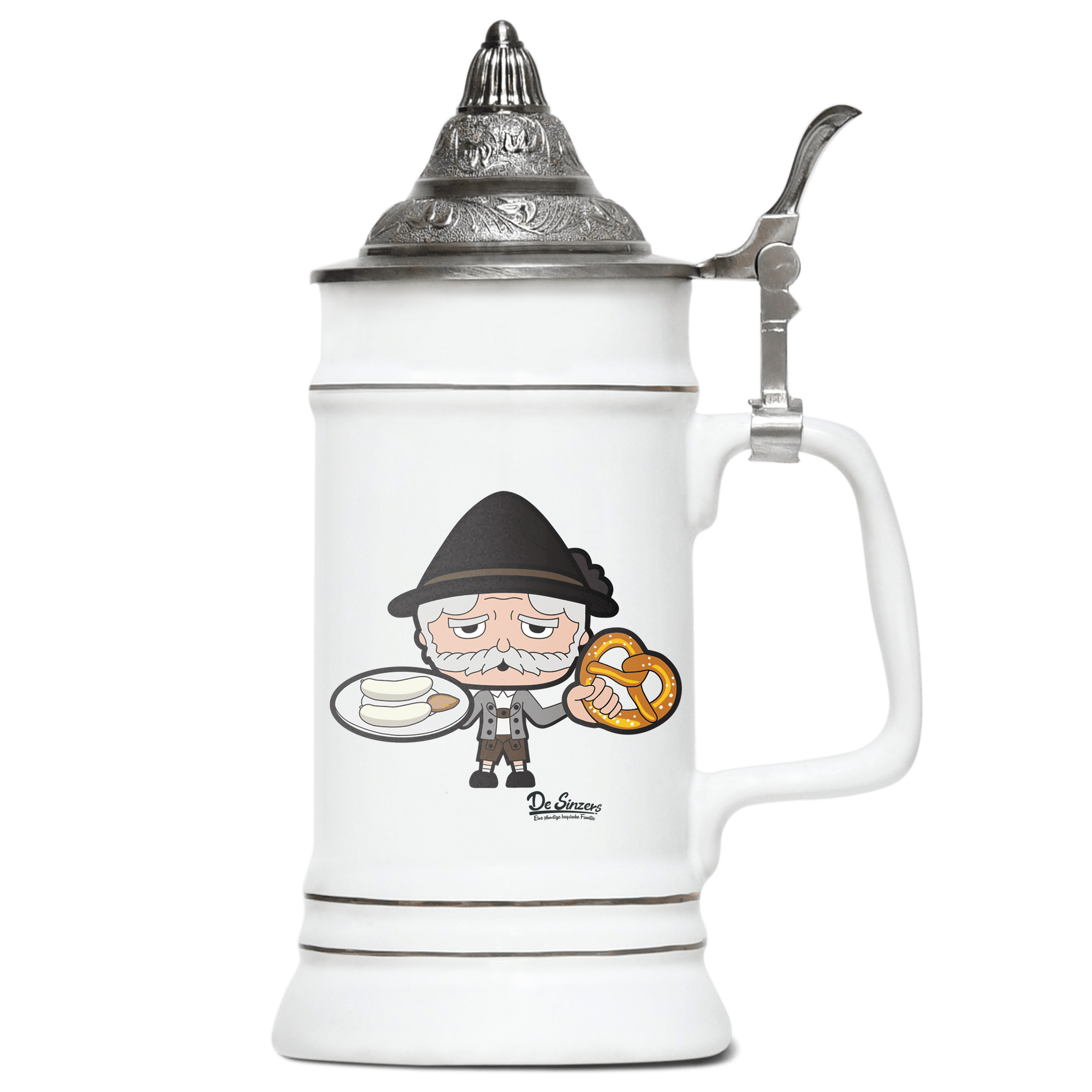 Da Oid Sinzer Weisswurscht und Brezn Bierkrug 500ml Weiss mit Spitzdeckel Wendelstein Front