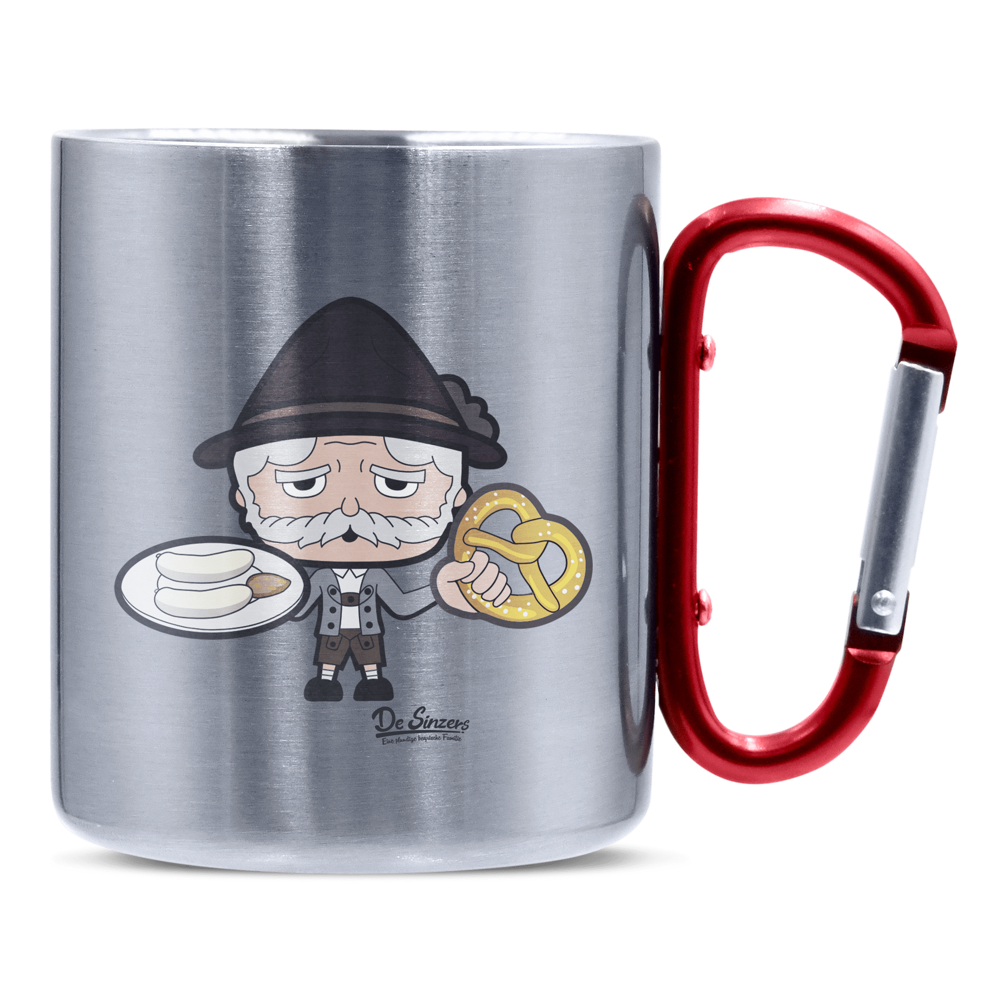 Da Oid Sinzer Weißwurscht und Brezn Edelstahl Kaffeetasse roter Karabiner 320ml Kitzstein Front