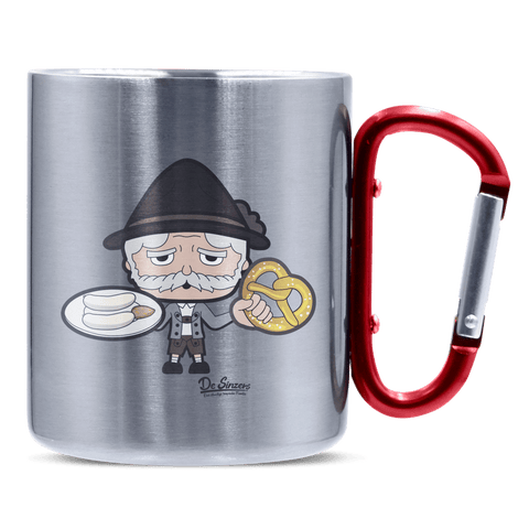Da Oid Sinzer Weißwurscht und Brezn Edelstahl Kaffeetasse roter Karabiner 320ml Kitzstein Front