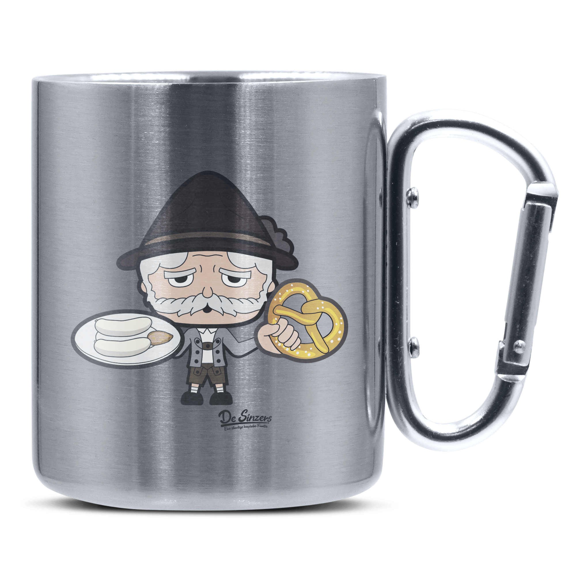 Da Oid Sinzer Weißwurscht und Brezn Edelstahl Kaffeetasse silberer Karabiner 320ml Grosser Traithen Front