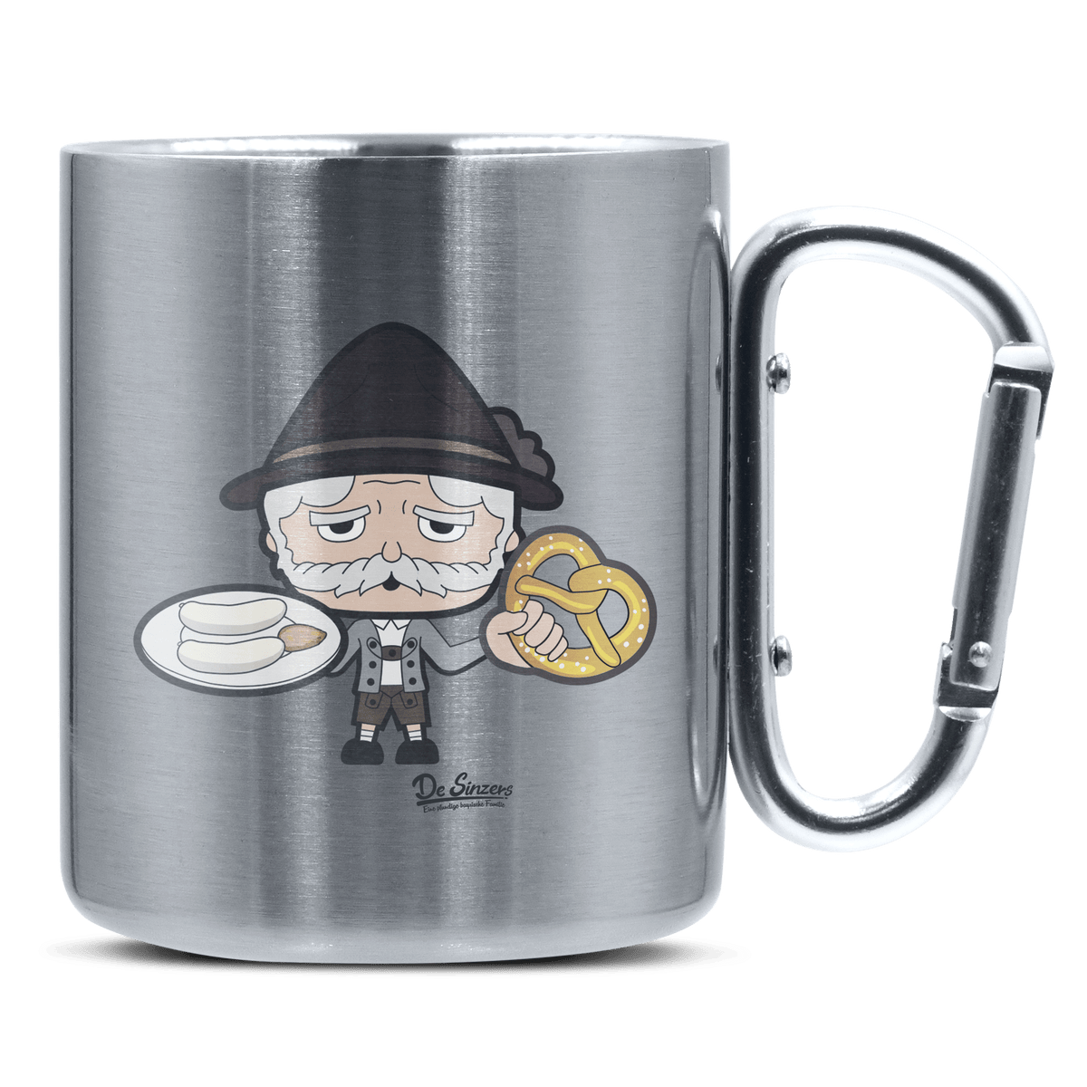 Da Oid Sinzer Weißwurscht und Brezn Edelstahl Kaffeetasse silberer Karabiner 320ml Grosser Traithen Front