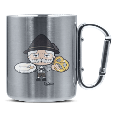 Da Oid Sinzer Weißwurscht und Brezn Edelstahl Kaffeetasse silberer Karabiner 320ml Grosser Traithen Front