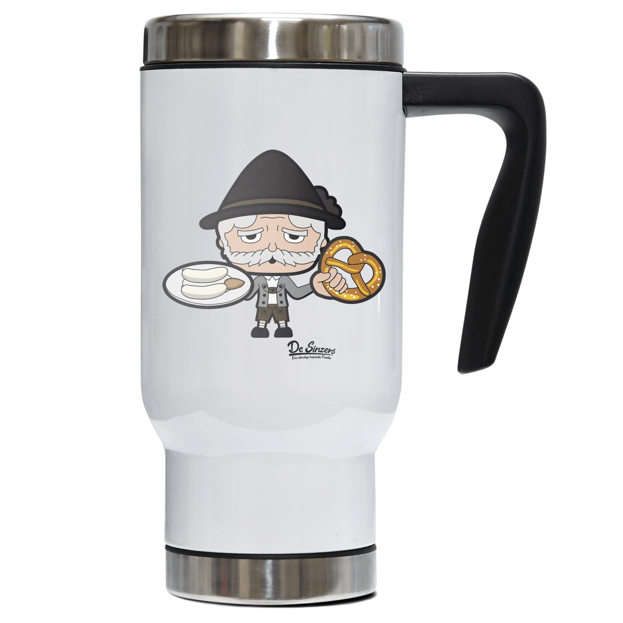 Da Oid Sinzer Weisswurscht und Brezn Edelstahl Thermobecher To Go 500ml Weiss Kindlwand Front