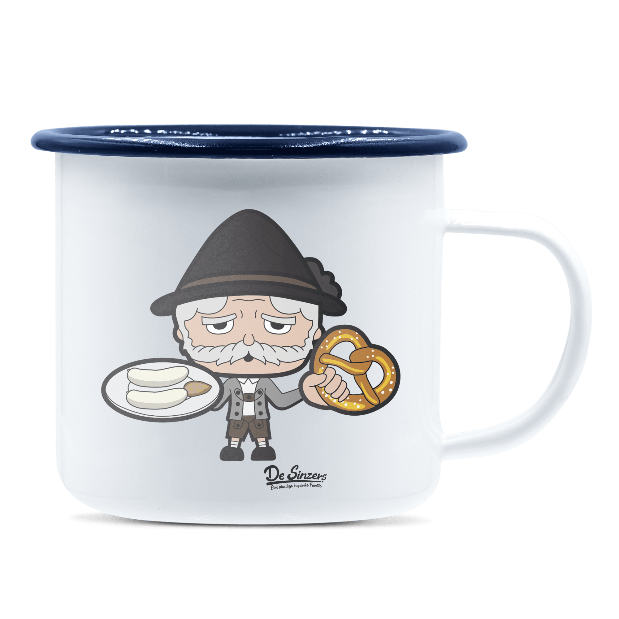 Da Oid Sinzer Weißwurscht und Brezn Emaille Tasse 375ml Weiss Blau Heuberg Front