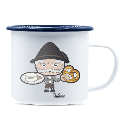 Da Oid Sinzer Weißwurscht und Brezn Emaille Tasse 375ml Weiss Blau Heuberg Front