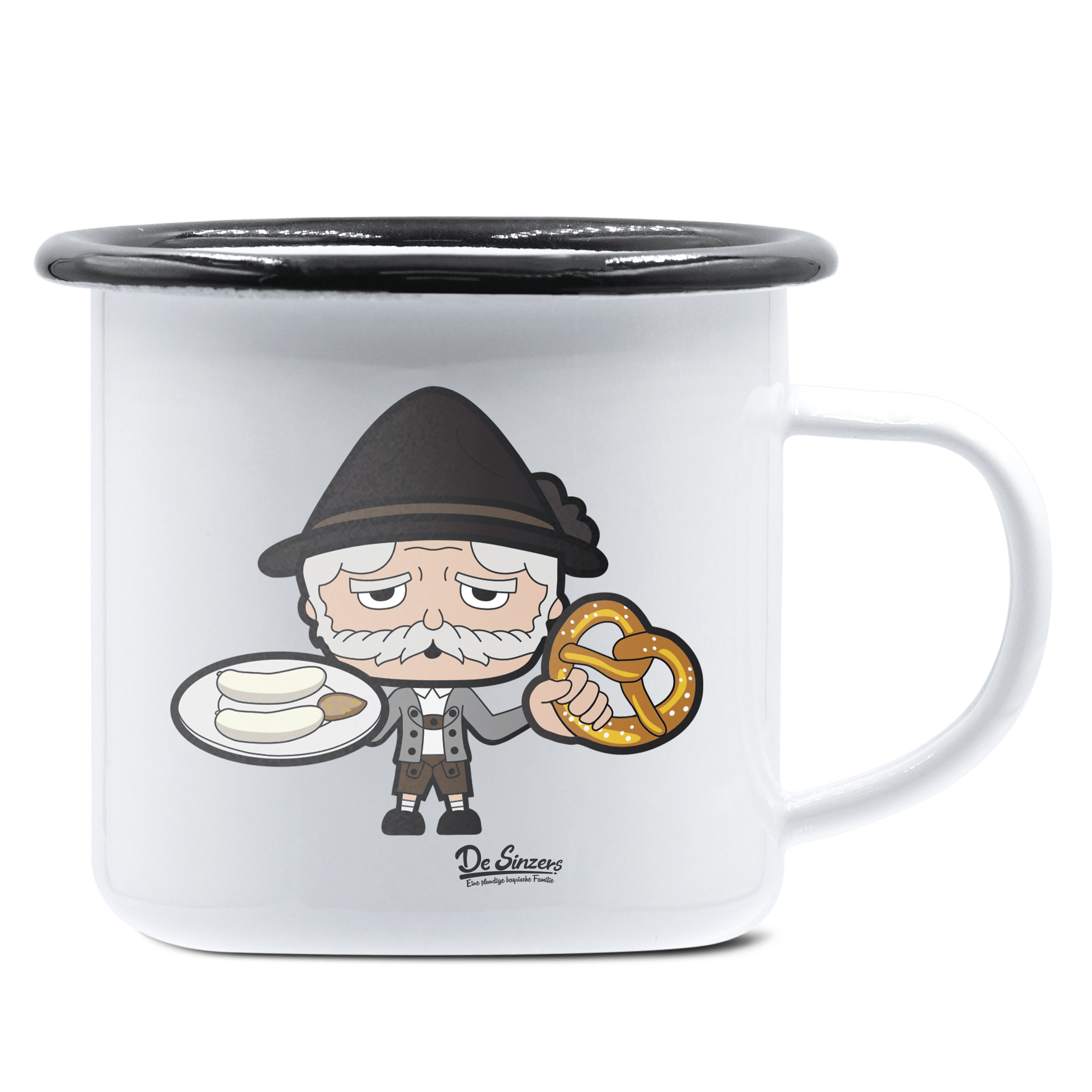 Da Oid Sinzer Weißwurscht und Brezn Emaille Tasse 375ml Weiss Schwarz Hochries Front