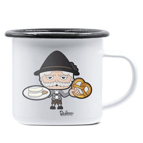 Da Oid Sinzer Weißwurscht und Brezn Emaille Tasse 375ml Weiss Schwarz Hochries Front