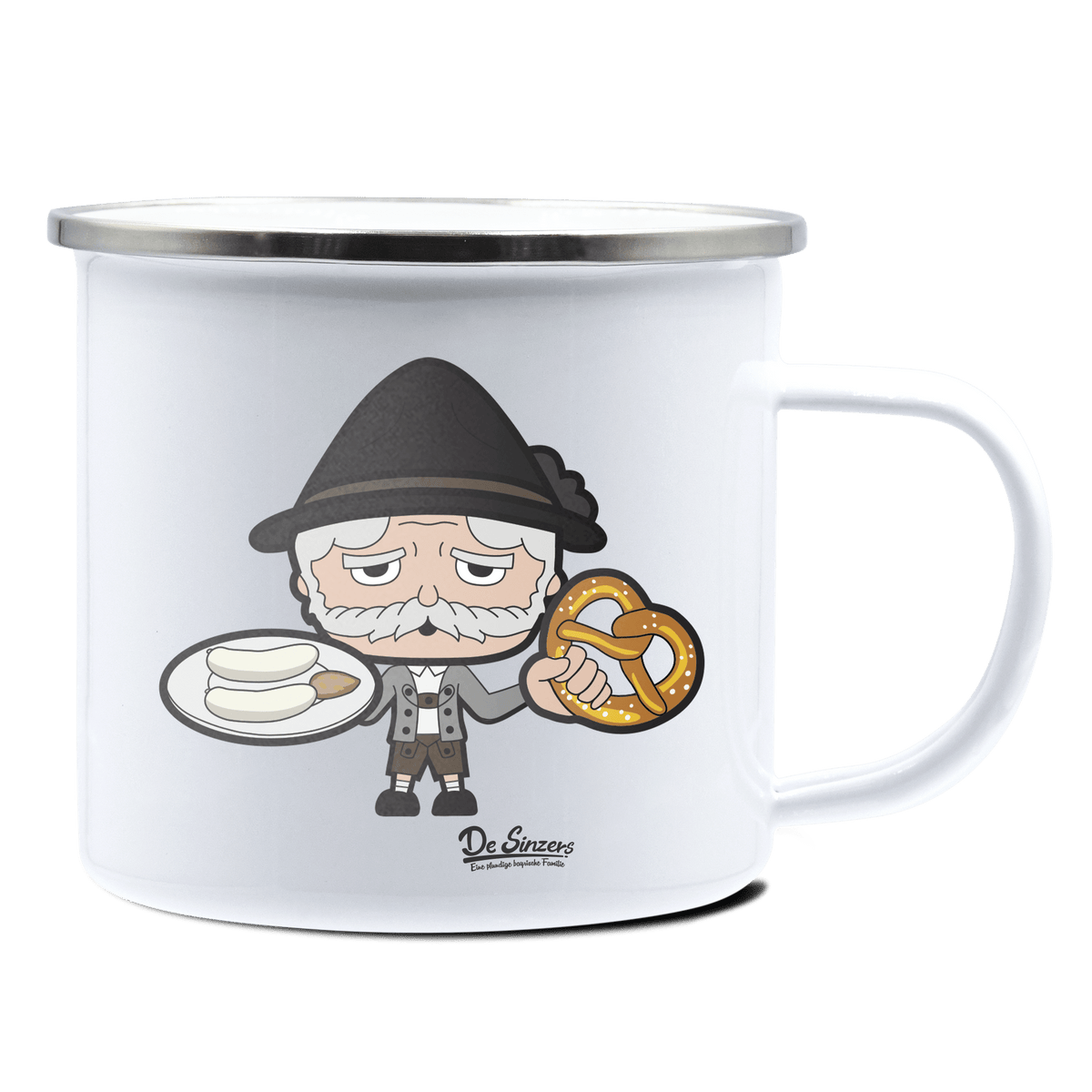 Da Oid Sinzer Weißwurscht und Brezn Emaille Tasse 375ml Weiss Silber Kampenwand Front