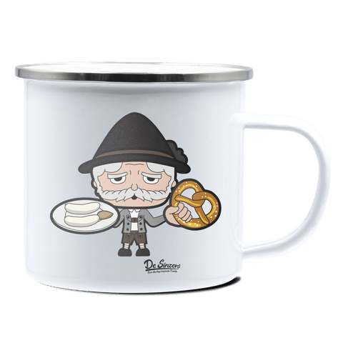 Da Oid Sinzer Weißwurscht und Brezn Emaille Tasse 375ml Weiss Silber Kampenwand Front