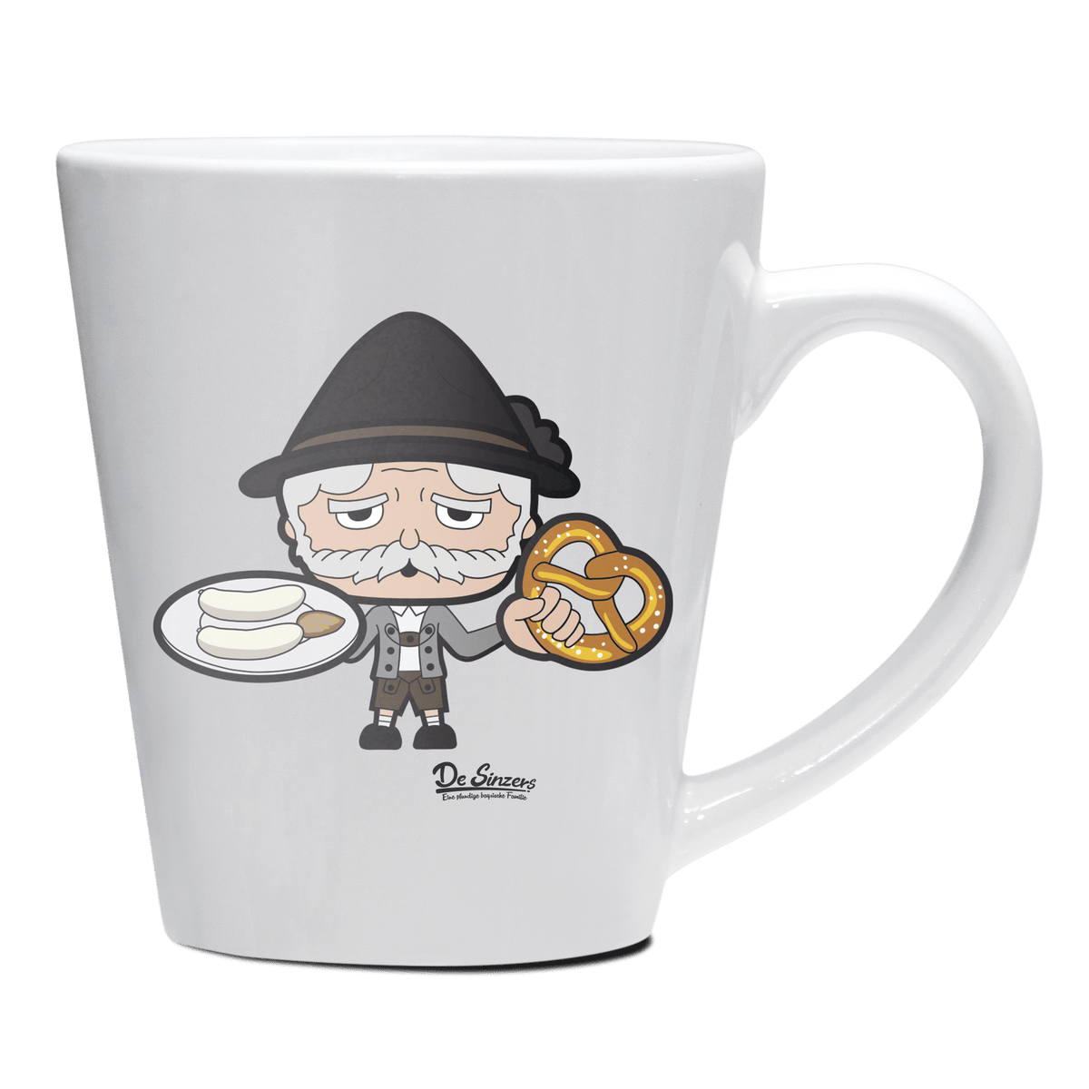 Da Oid Sinzer Weisswurscht und Brezn Keramik Kaffeetasse 200ml Weiss Herzogstand Front