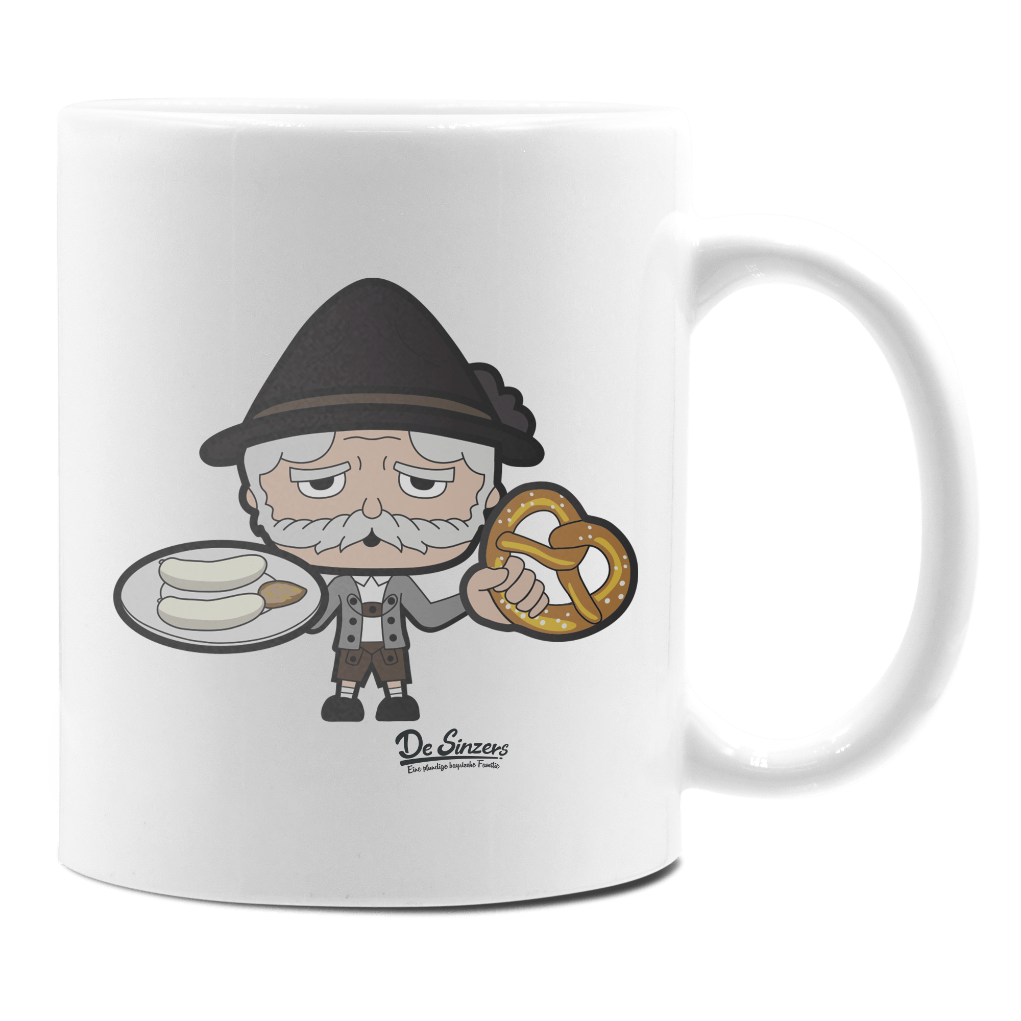 Da Oid Sinzer Weißwurscht und Brezn Keramik Kaffeetasse 330ml Weiss Rampoldplatte Front