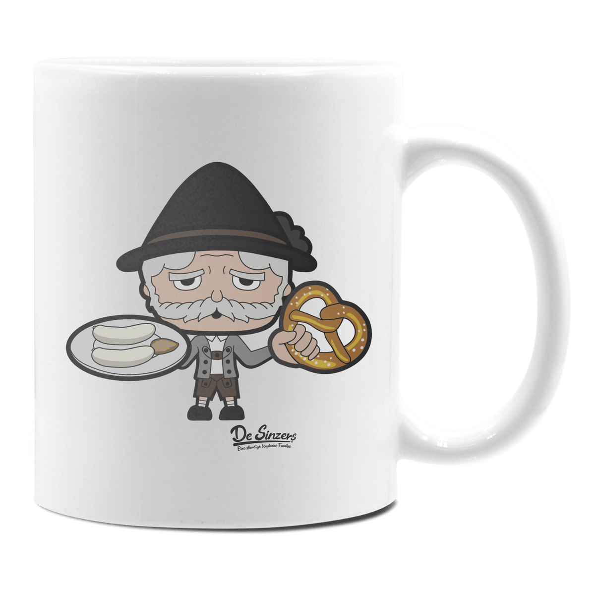 Da Oid Sinzer Weißwurscht und Brezn Keramik Kaffeetasse 330ml Weiss Rampoldplatte Front