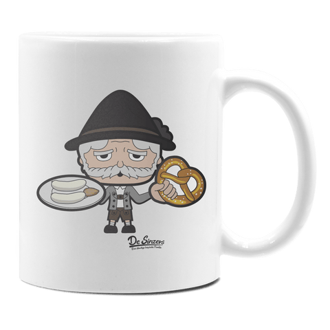 Da Oid Sinzer Weißwurscht und Brezn Keramik Kaffeetasse 330ml Weiss Rampoldplatte Front
