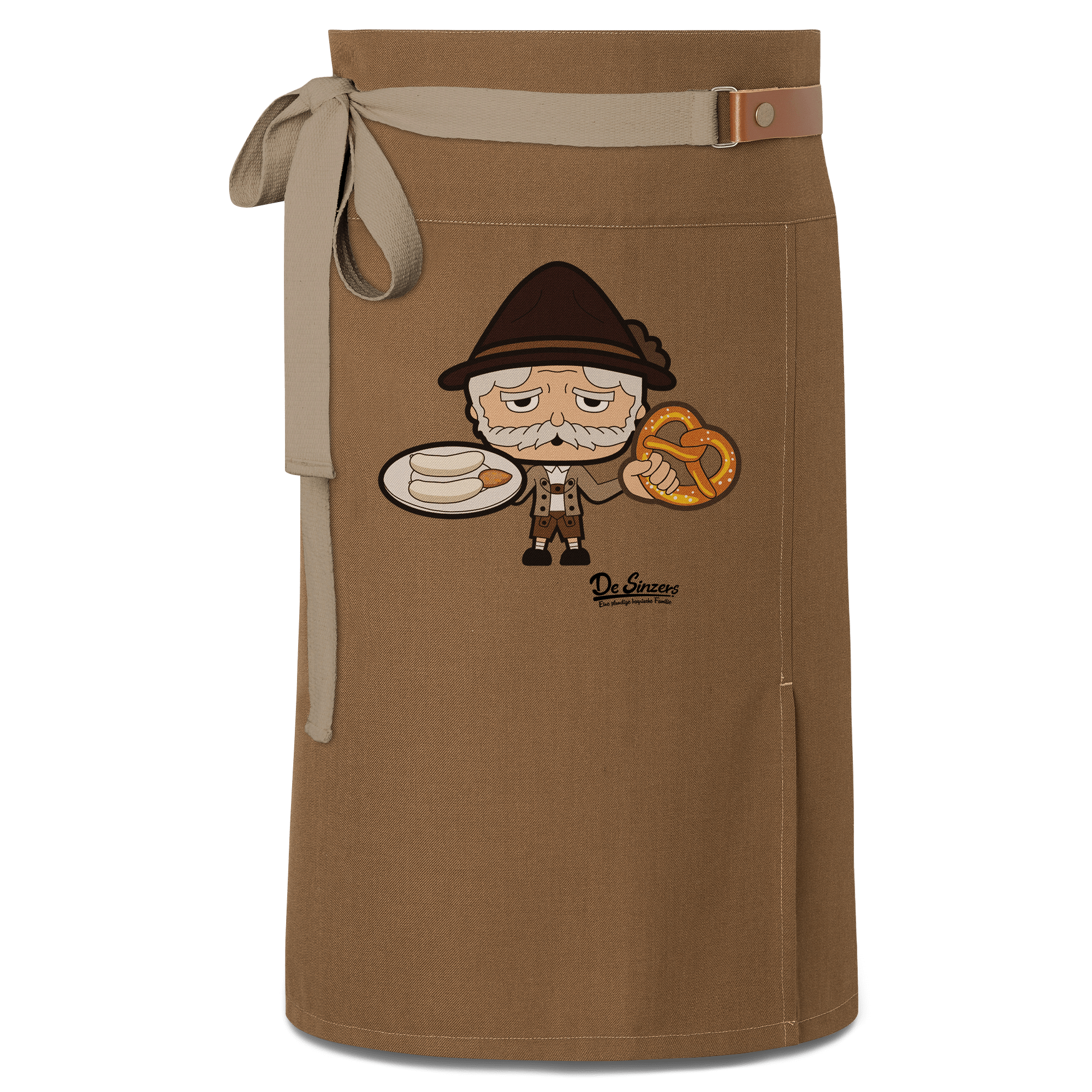 Da Oid Sinzer Weisswurscht und Brezn Schuerze Vorbinder Braun Haidham Front