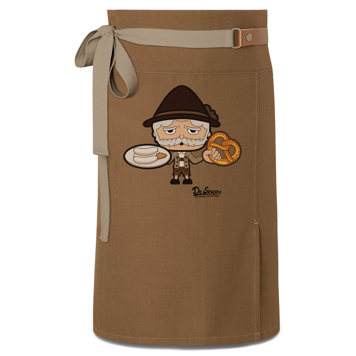 Da Oid Sinzer Weisswurscht und Brezn Schuerze Vorbinder Braun Haidham Front