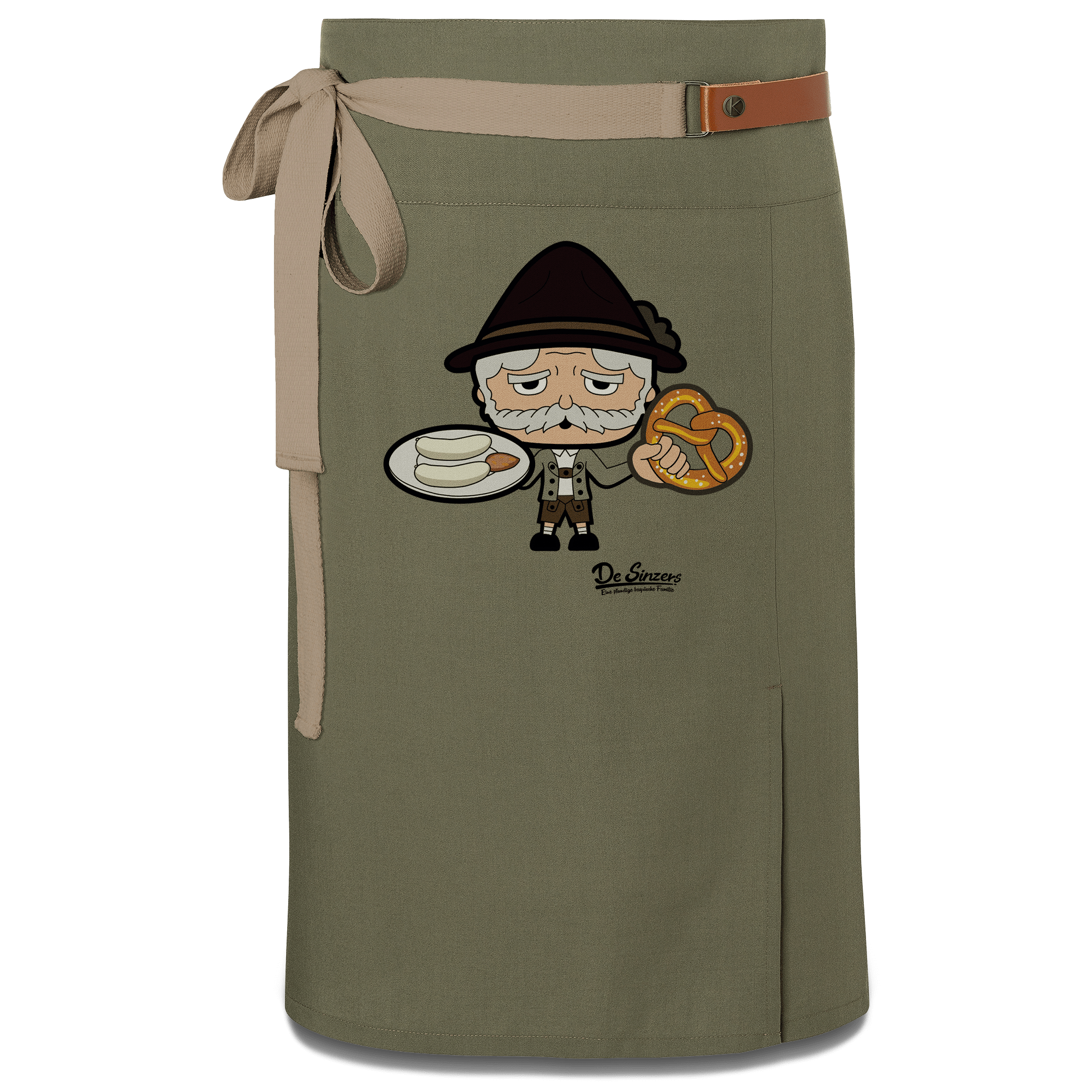 Da Oid Sinzer Weisswurscht und Brezn Schuerze Vorbinder Gruen Langhausen Front
