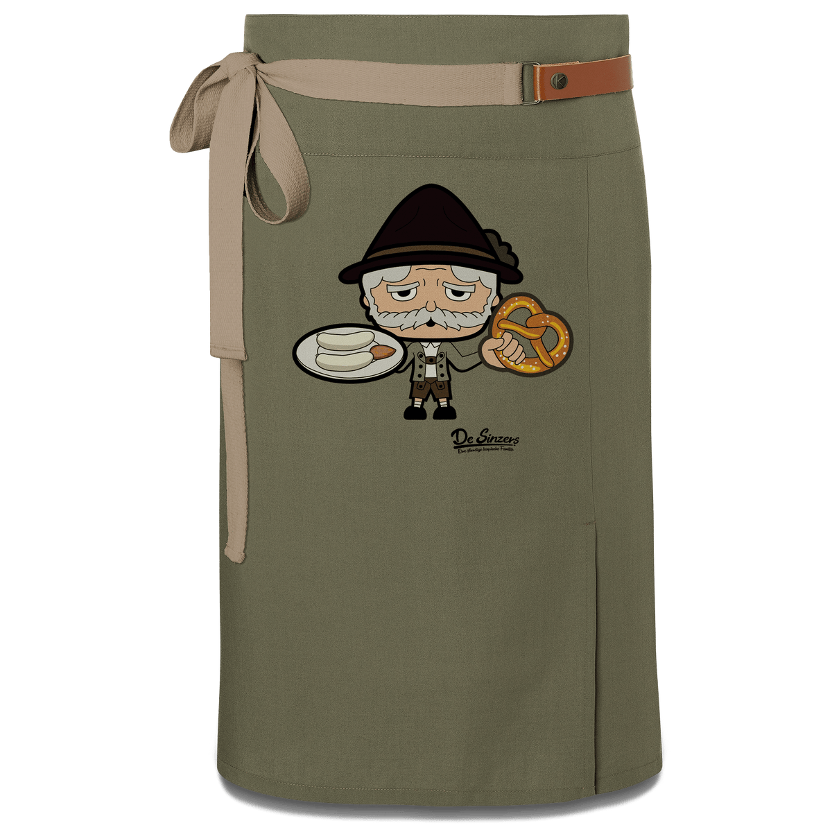 Da Oid Sinzer Weisswurscht und Brezn Schuerze Vorbinder Gruen Langhausen Front
