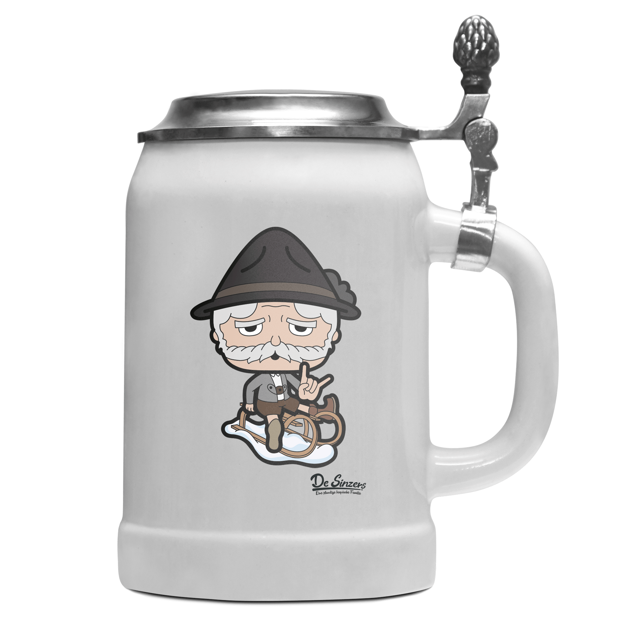 Da Oid Sinzer Winter Edition Bierkrug 500ml Weiss mit Deckel Wetterspitzen Front
