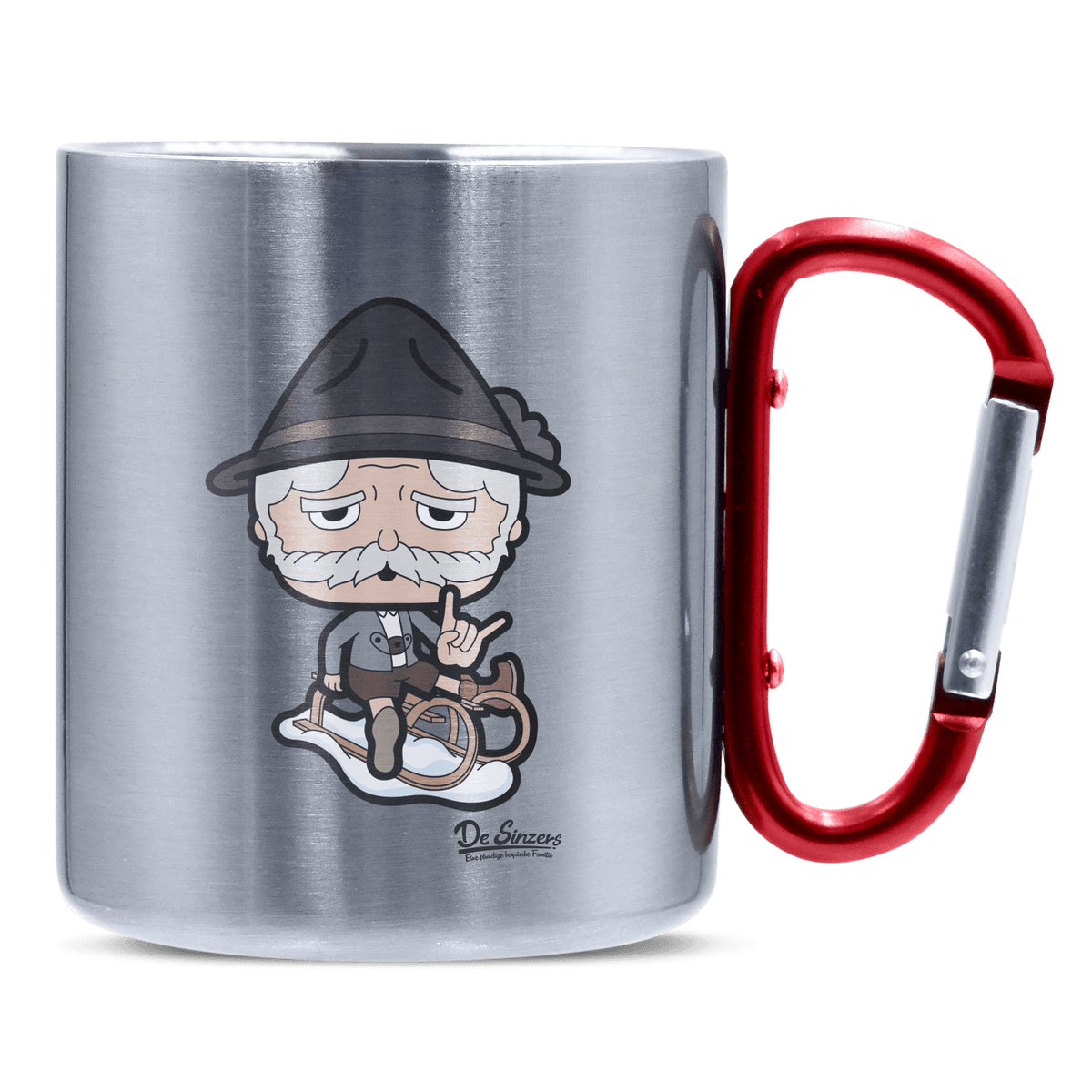 Da Oid Sinzer Winter Edition Edelstahl Kaffeetasse roter Karabiner 320ml Kitzstein Front