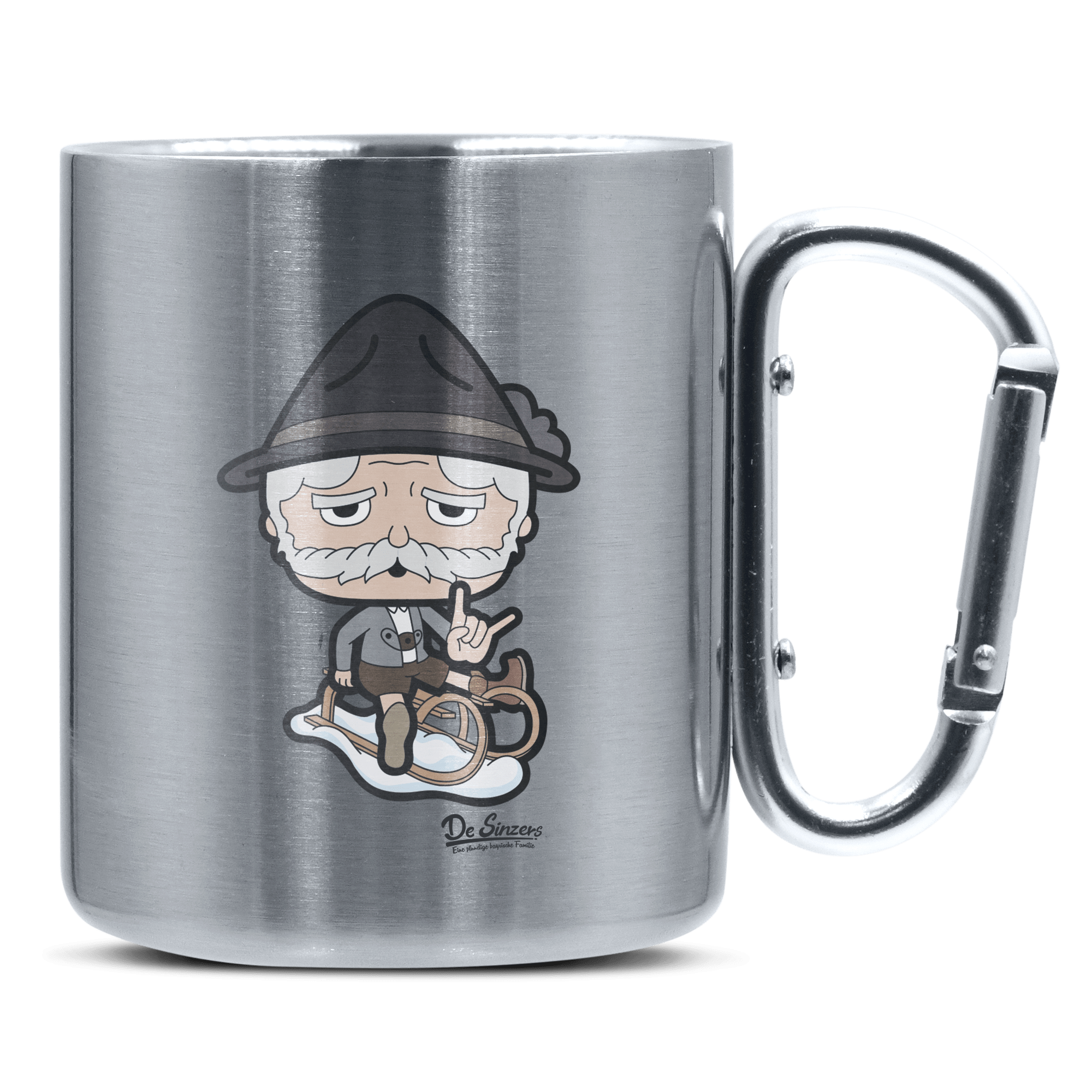 Da Oid Sinzer Winter Edition Edelstahl Kaffeetasse silberer Karabiner 320ml Grosser Traithen Front