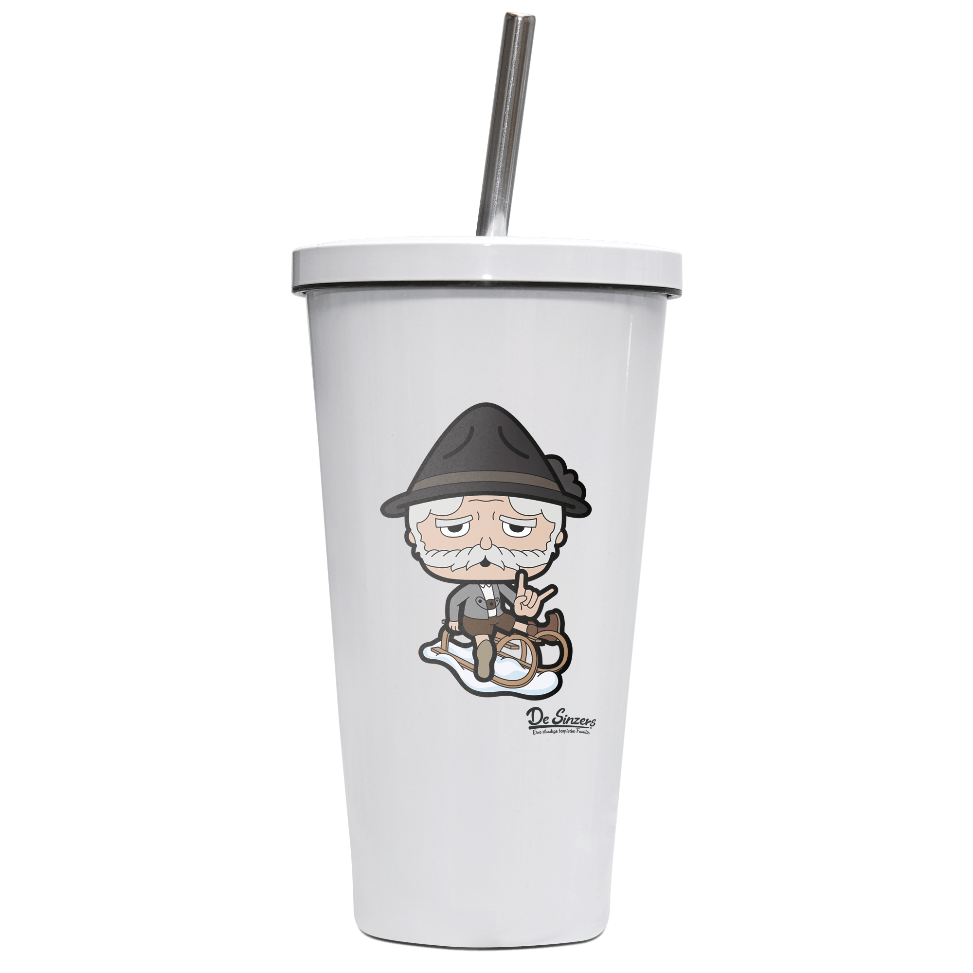 Da Oid Sinzer Winter Edition Edelstahl Trinkbecher mit Strohhalm 480ml Weiss Krottenkopf Front