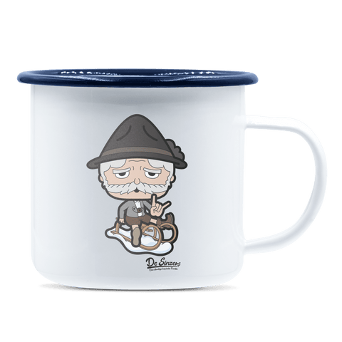Da Oid Sinzer Winter Edition Emaille Tasse 375ml Weiss Blau Heuberg Front