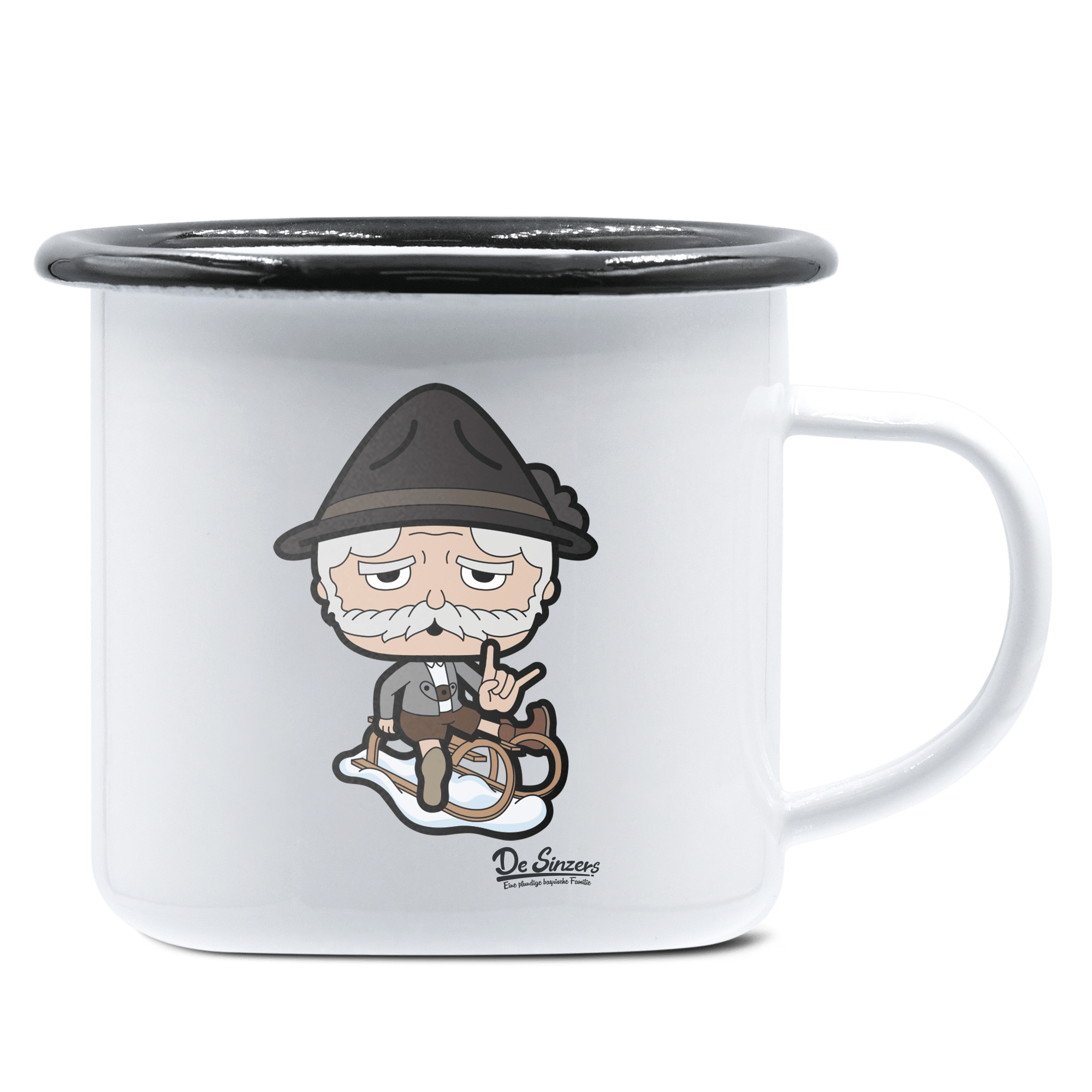 Da Oid Sinzer Winter Edition Emaille Tasse 375ml Weiss Schwarz Hochries Front