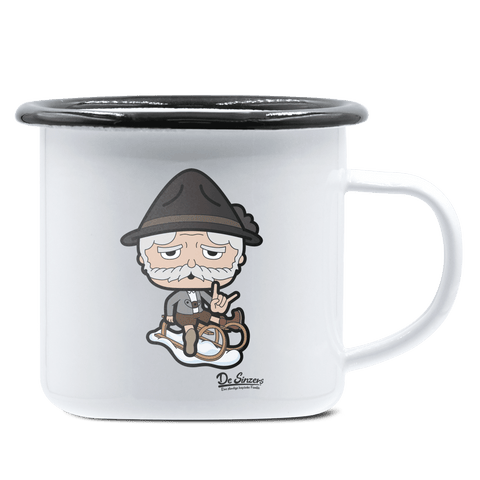 Da Oid Sinzer Winter Edition Emaille Tasse 375ml Weiss Schwarz Hochries Front