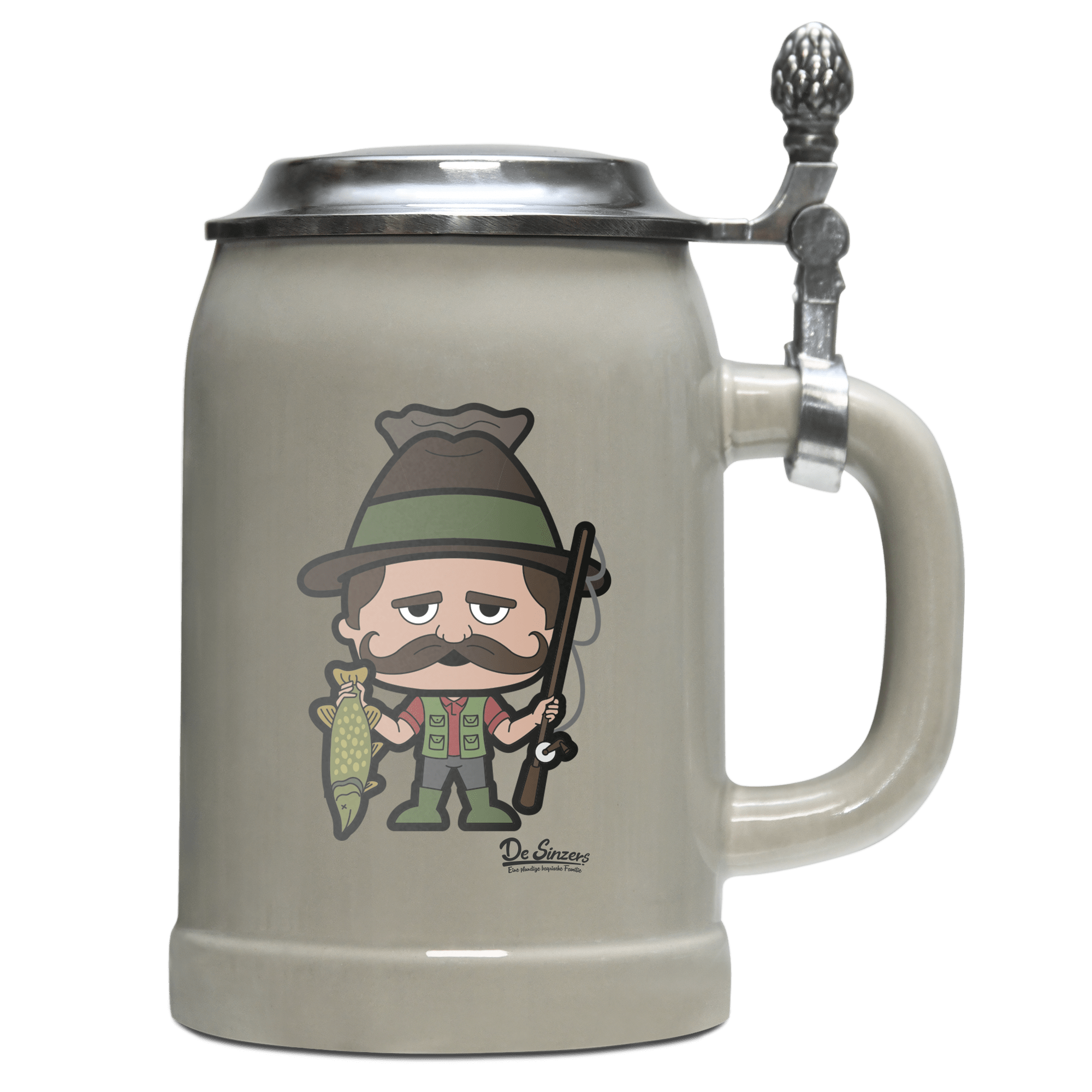Da Sinzer Angler Bierkrug 500ml Grau mit Deckel Hocheck Front