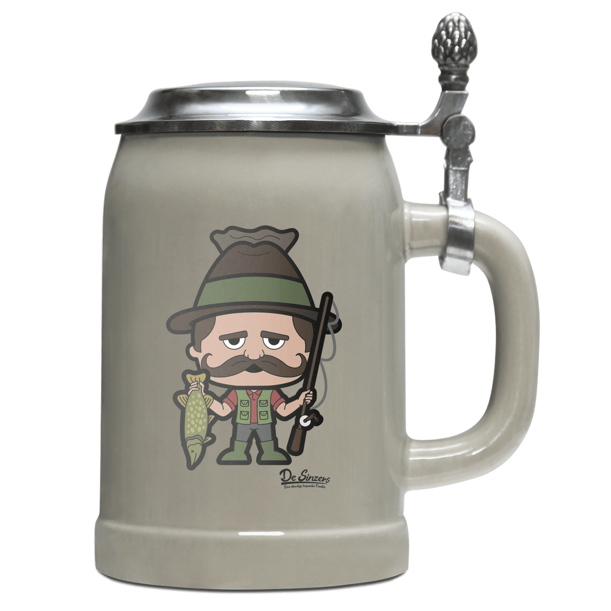 Da Sinzer Angler Bierkrug 500ml Grau mit Deckel Hocheck Front