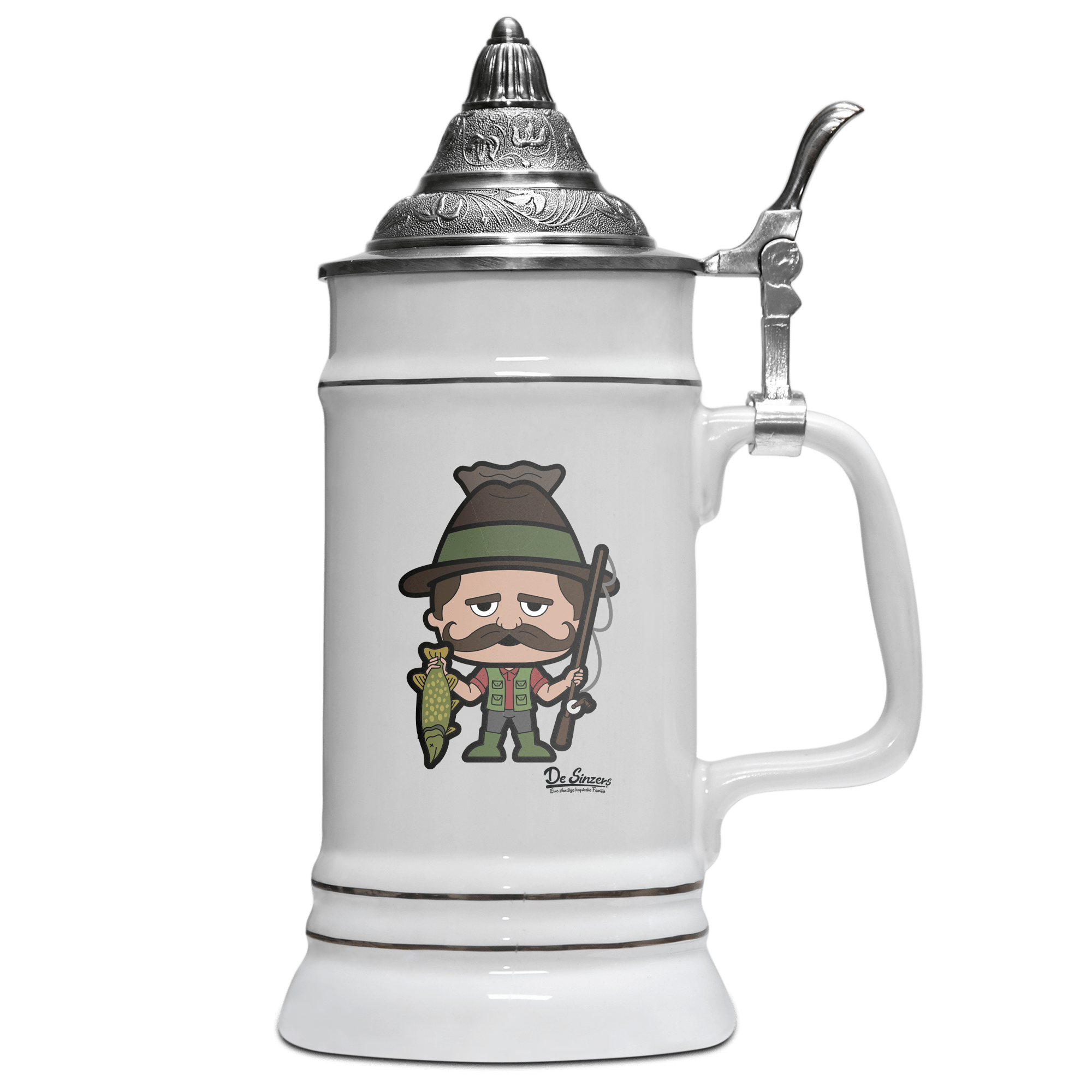 Da Sinzer Angler Bierkrug 500ml Weiss mit Spitzdeckel Wendelstein Front