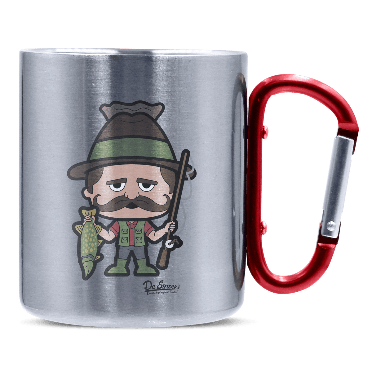 Da Sinzer Angler Edelstahl Kaffeetasse roter Karabiner 320ml Kitzstein Front