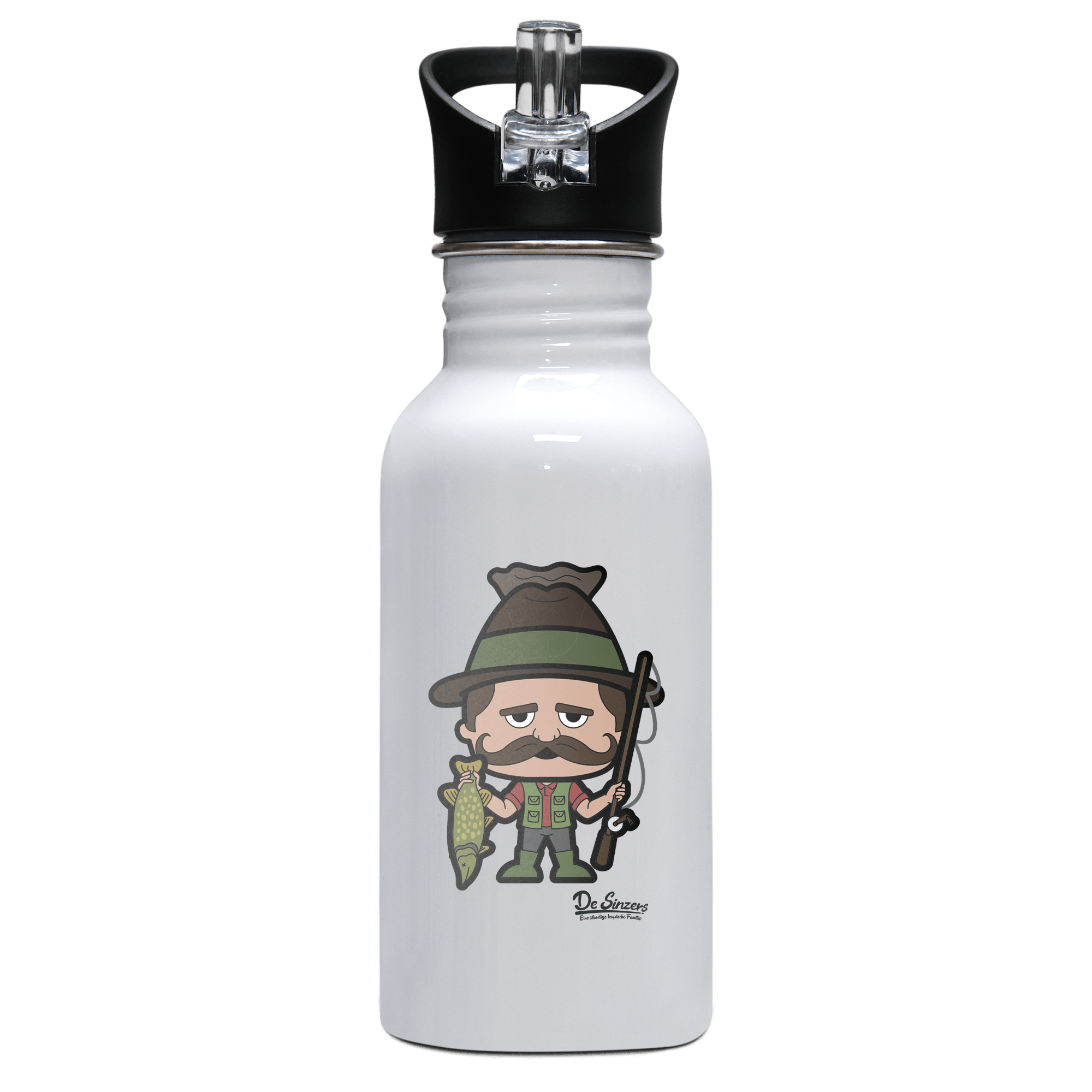 Da Sinzer Angler Edelstahl Trinkflasche mit klappbarem Mundstueck 500ml Weiss Rotwand Front