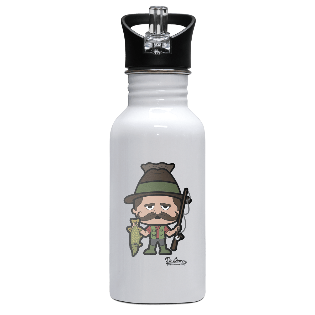 Da Sinzer Angler Edelstahl Trinkflasche mit klappbarem Mundstueck 500ml Weiss Rotwand Front