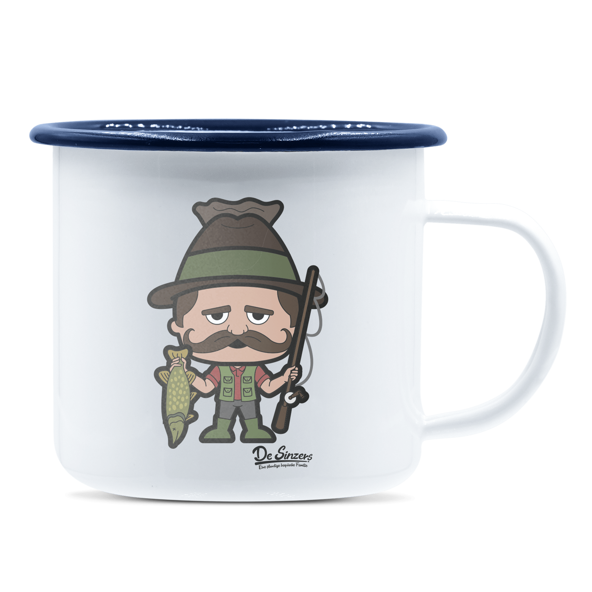 Da Sinzer Angler Emaille Tasse 375ml Weiss Blau Heuberg Front