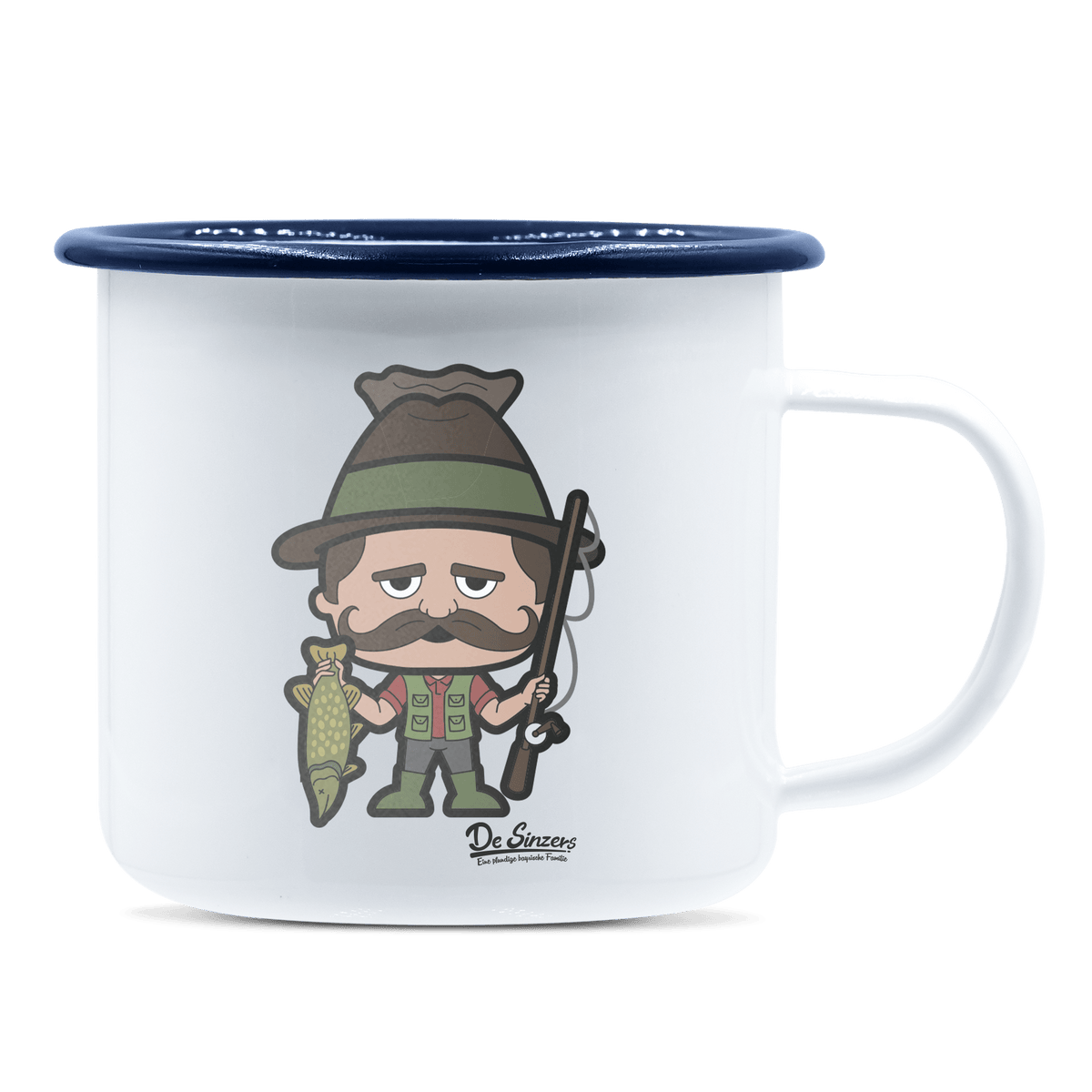 Da Sinzer Angler Emaille Tasse 375ml Weiss Blau Heuberg Front