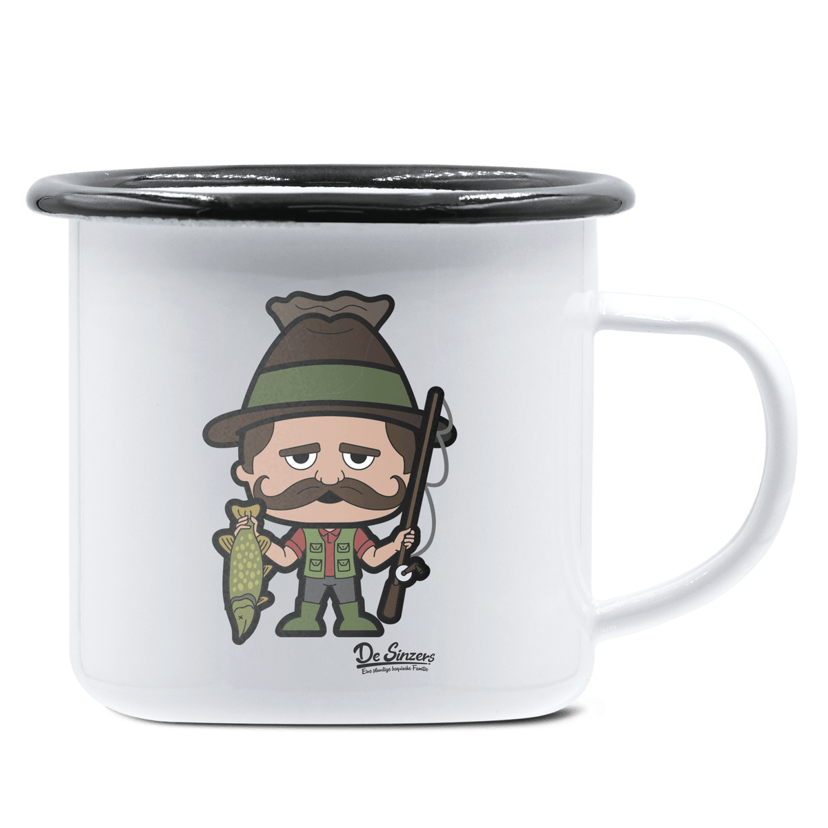 Da Sinzer Angler Emaille Tasse 375ml Weiss Schwarz Hochries Front